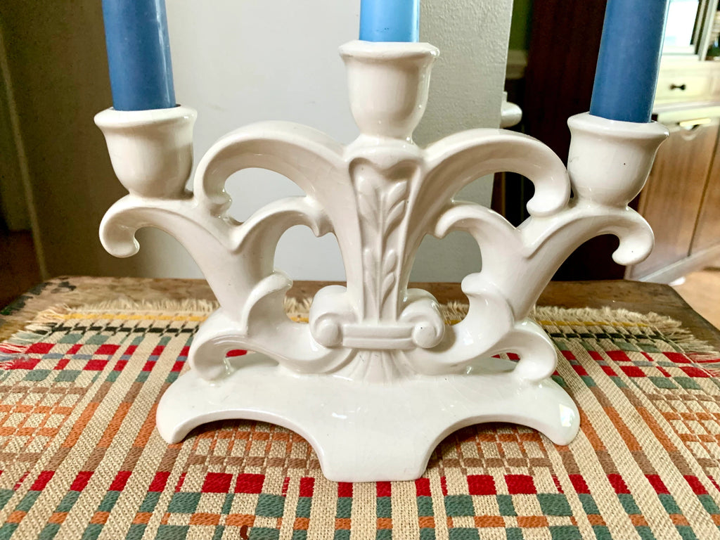 Holland Mold Ceramic Candelabra | Vintage Three Candlestick Ceramic Holder| Mid Century Holiday Candelabra | Ceramic Off White Candle Holder