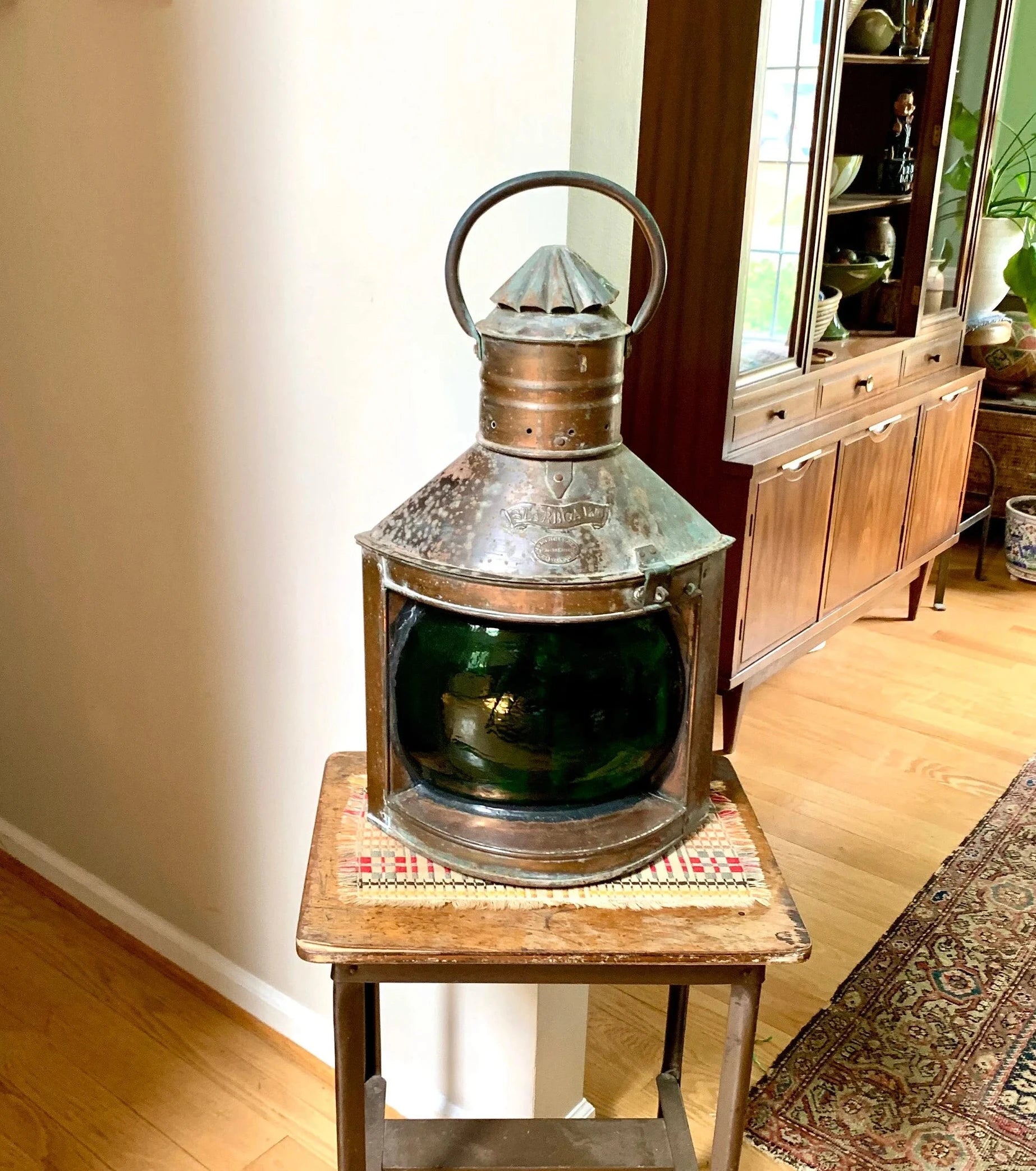 Antique Large Ship's Starboard Lamp | Great Yarmouth Starboard Lamp | 24" Copper Starboard Lamp | Green Lens Ship Lamp | Nautical Lamp