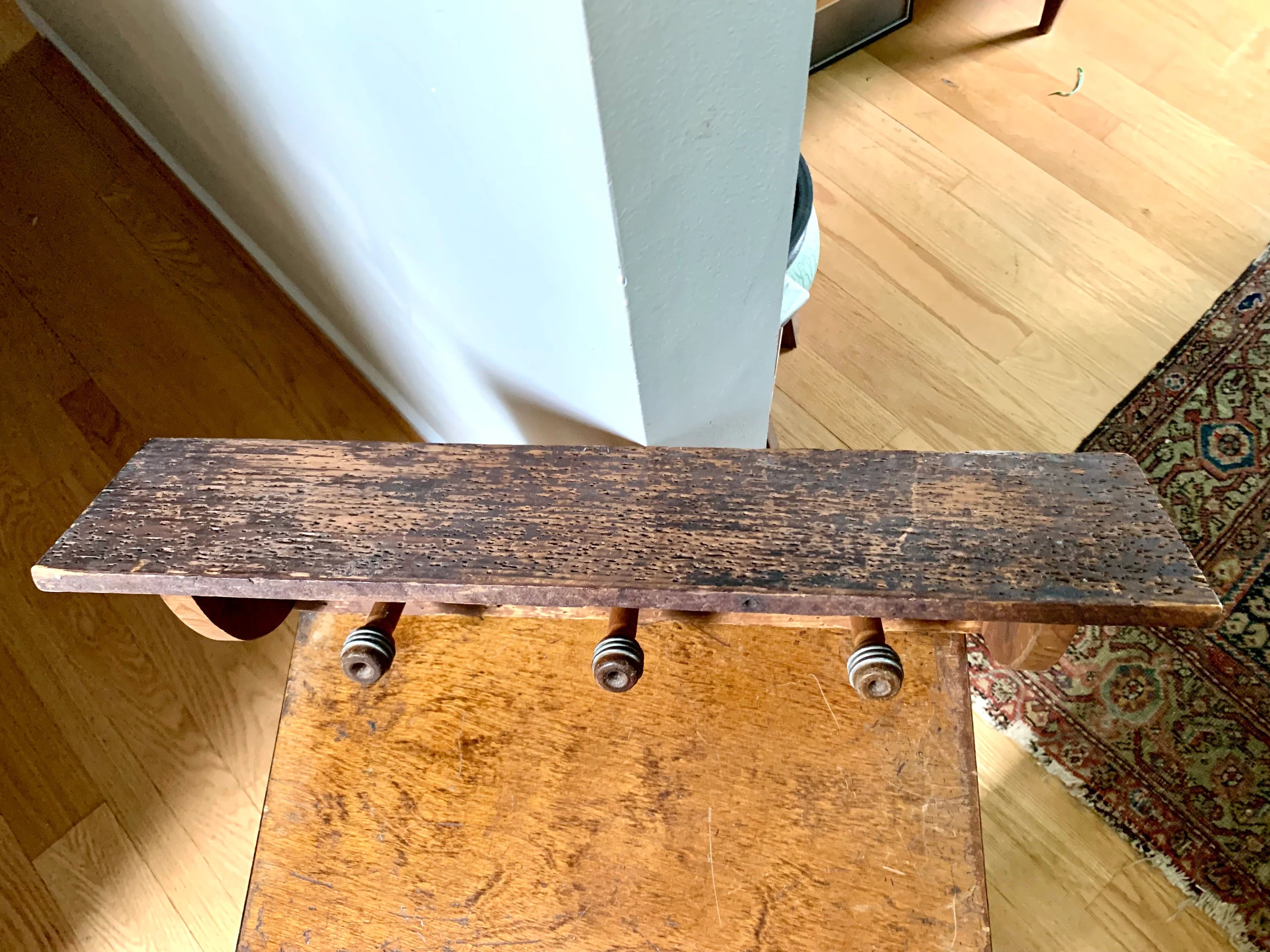 Distressed Bobbins Quills Pirns Shelf | Vintage Worm Hole Wood Hat Rack Shelf | Rustic Pirn Coat Rack Shelf | Country Decor Rack | Rustic Decor