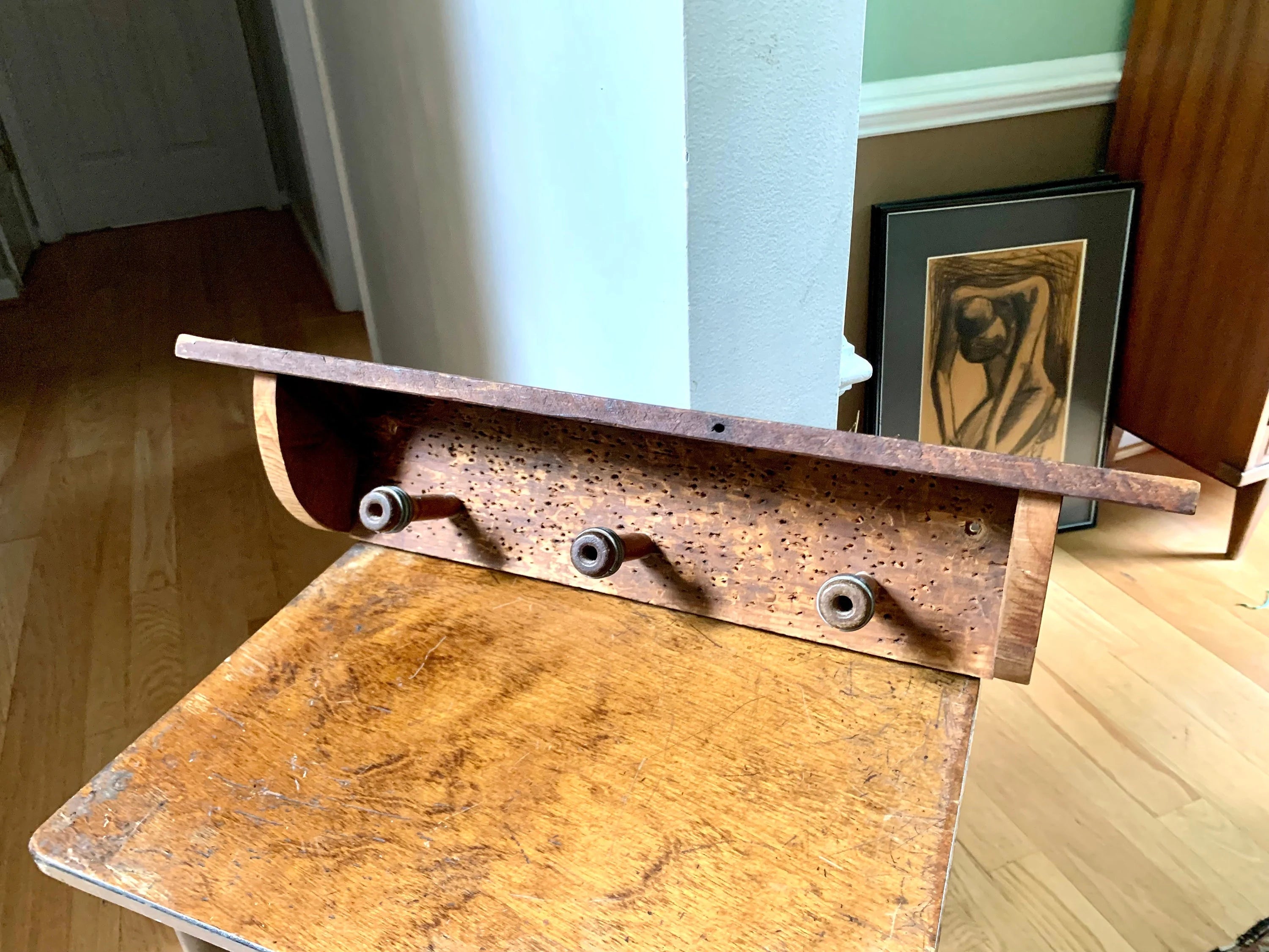 Distressed Bobbins Quills Pirns Shelf | Vintage Worm Hole Wood Hat Rack Shelf | Rustic Pirn Coat Rack Shelf | Country Decor Rack | Rustic Decor