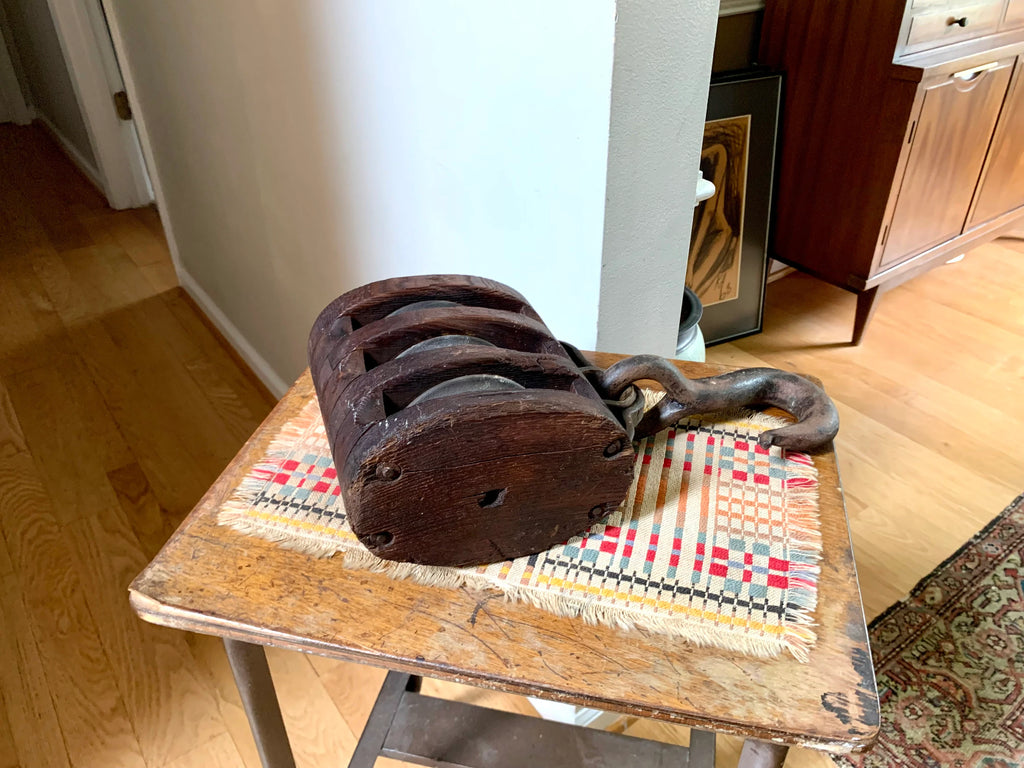 Antique Wood Triple Block Pulley | Wood Block and Tackle Pulley | Schooner Triple Pulley | Nautical Pulley | Barn Pulley | Maritime Decor