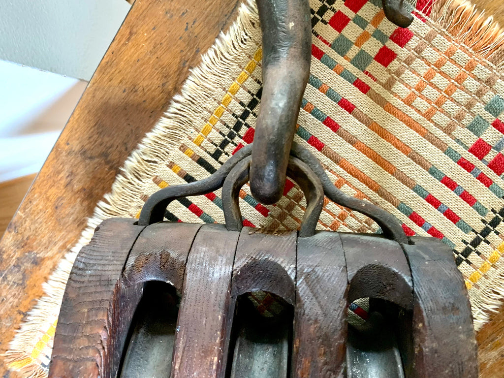 Antique Wood Triple Block Pulley | Wood Block and Tackle Pulley | Schooner Triple Pulley | Nautical Pulley | Barn Pulley | Maritime Decor