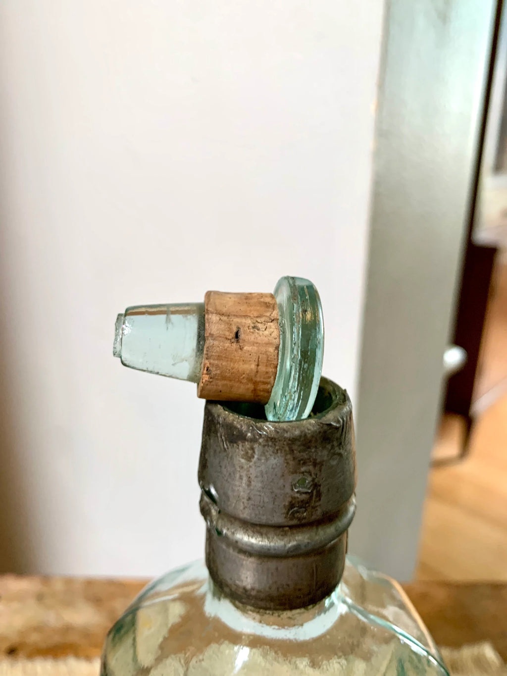 Antique Aqua Glass Sir Robert Burnett & Cos Bottle | London Dry Gin Bottle with Metal Sleeve and Topper| 1800's Bottle With Original Topper