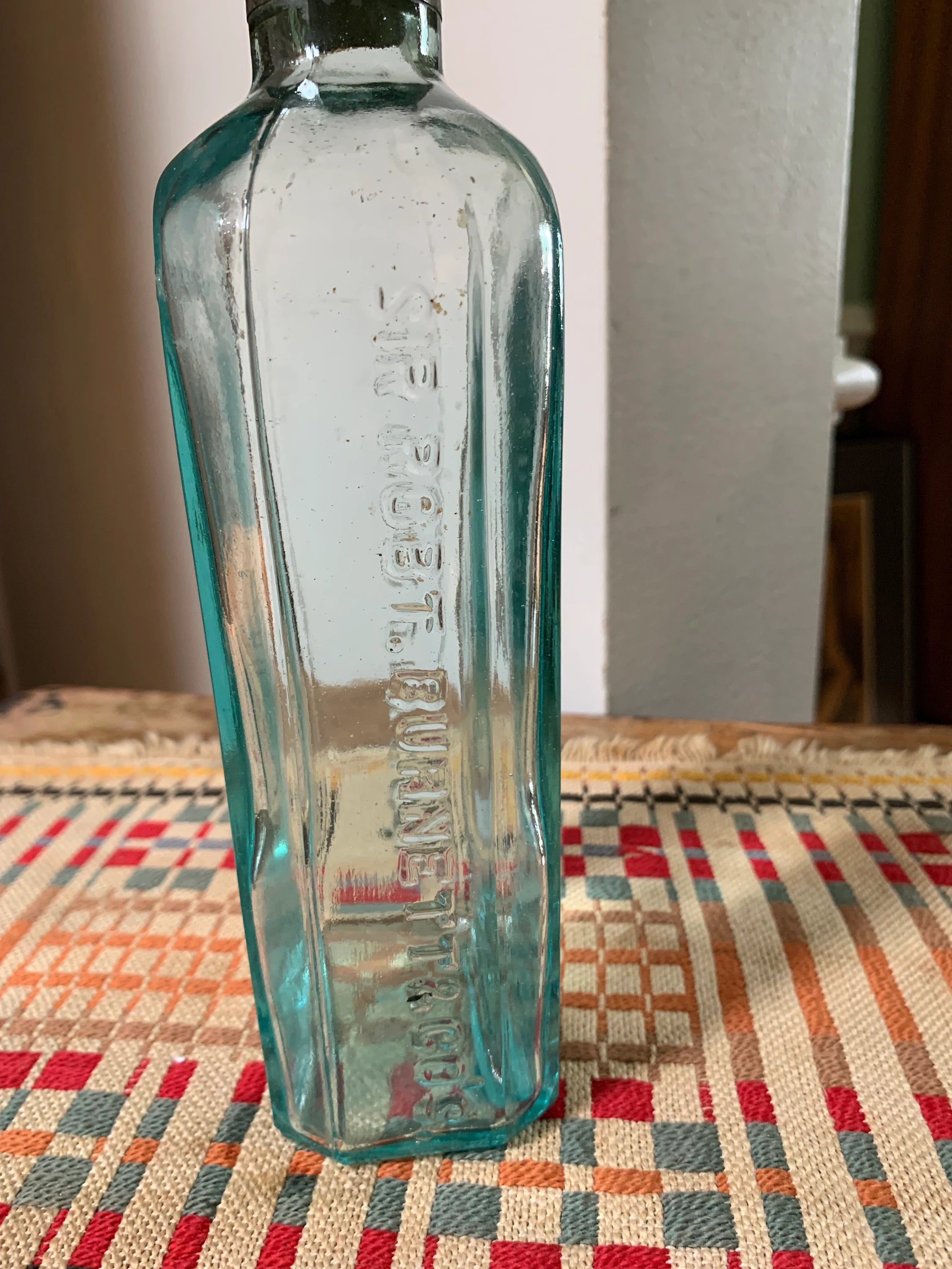 Antique Aqua Glass Sir Robert Burnett & Cos Bottle | London Dry Gin Bottle with Metal Sleeve and Topper| 1800's Bottle With Original Topper