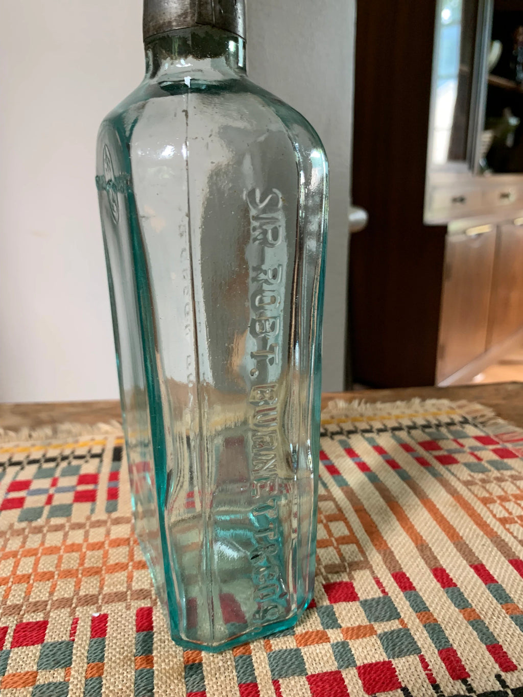 Antique Aqua Glass Sir Robert Burnett & Cos Bottle | London Dry Gin Bottle with Metal Sleeve and Topper| 1800's Bottle With Original Topper