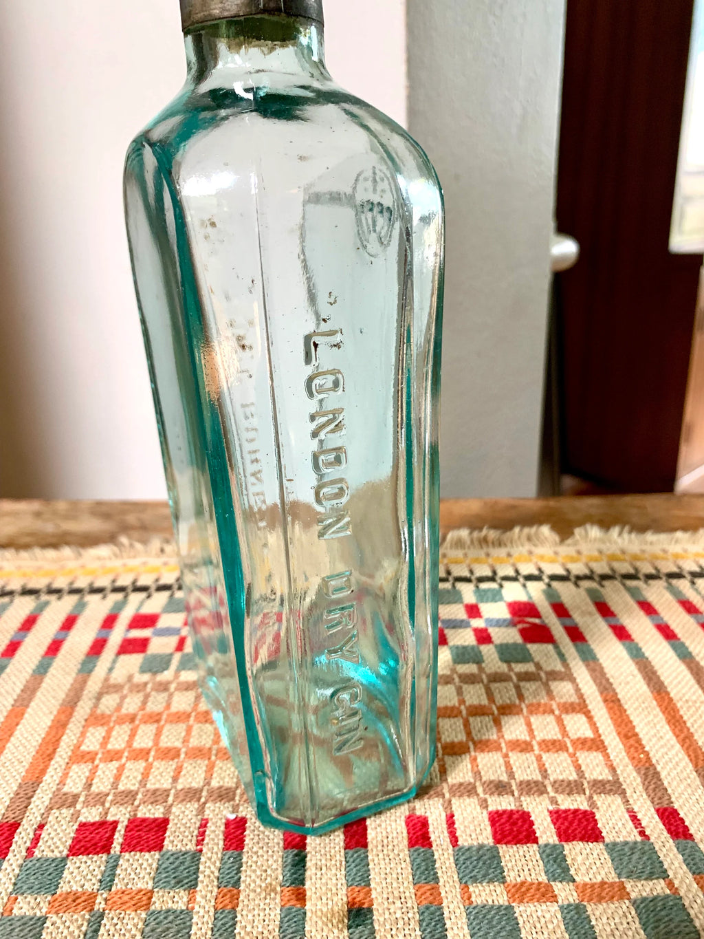 Antique Aqua Glass Sir Robert Burnett & Cos Bottle | London Dry Gin Bottle with Metal Sleeve and Topper| 1800's Bottle With Original Topper