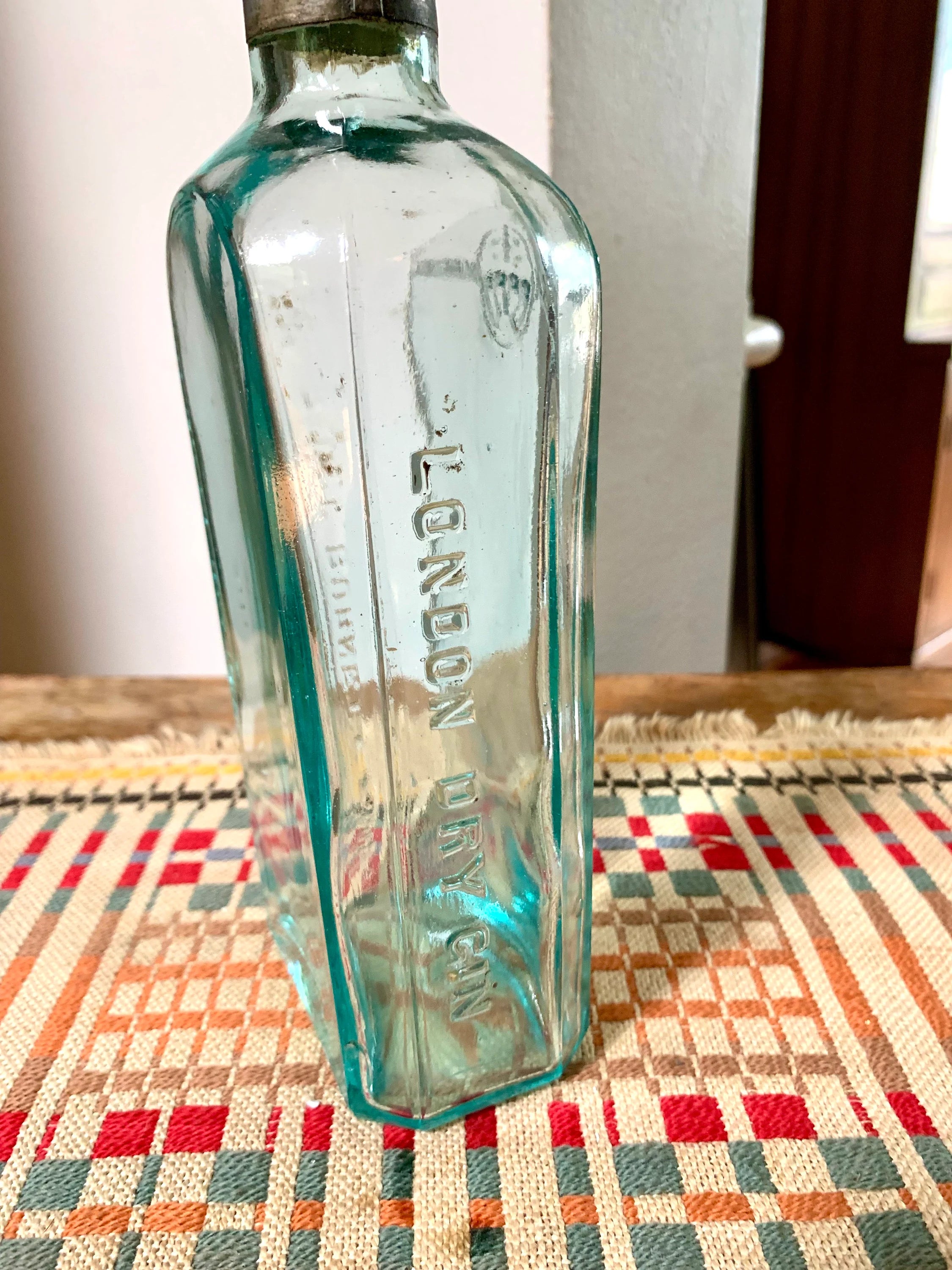 Antique Aqua Glass Sir Robert Burnett & Cos Bottle | London Dry Gin Bottle with Metal Sleeve and Topper| 1800's Bottle With Original Topper