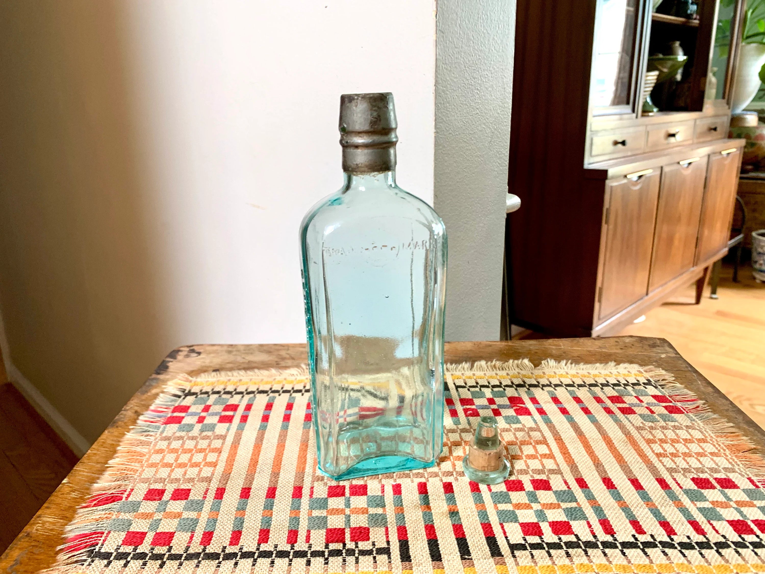 Antique Aqua Glass Sir Robert Burnett & Cos Bottle | London Dry Gin Bottle with Metal Sleeve and Topper| 1800's Bottle With Original Topper