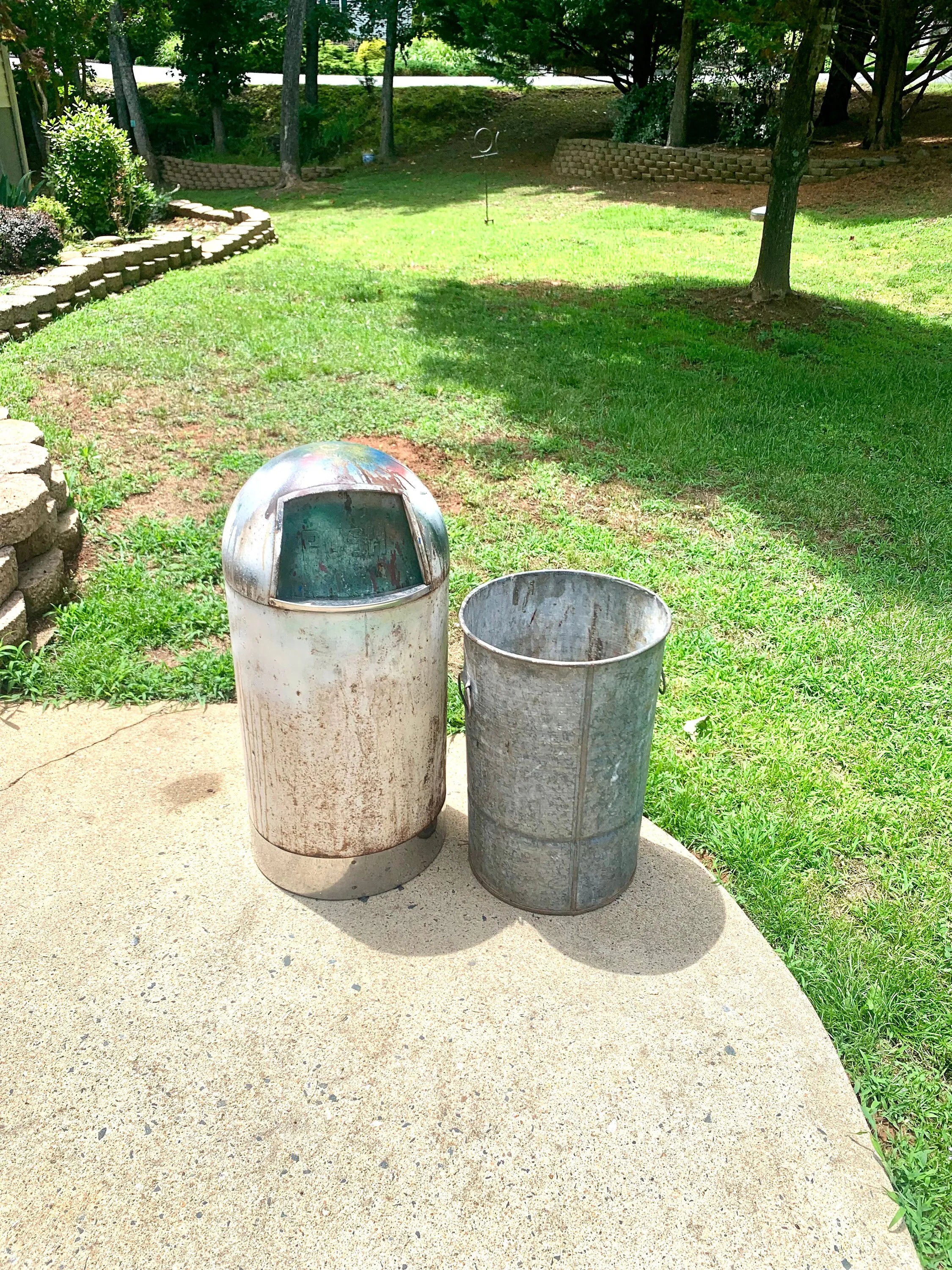 1950's Metal Bullet Trash Can | Vintage Distressed MCM Trash Can | Rustic Torpedo Trash Can | Cone Dome Trash Can | Dome Top Industrial Can