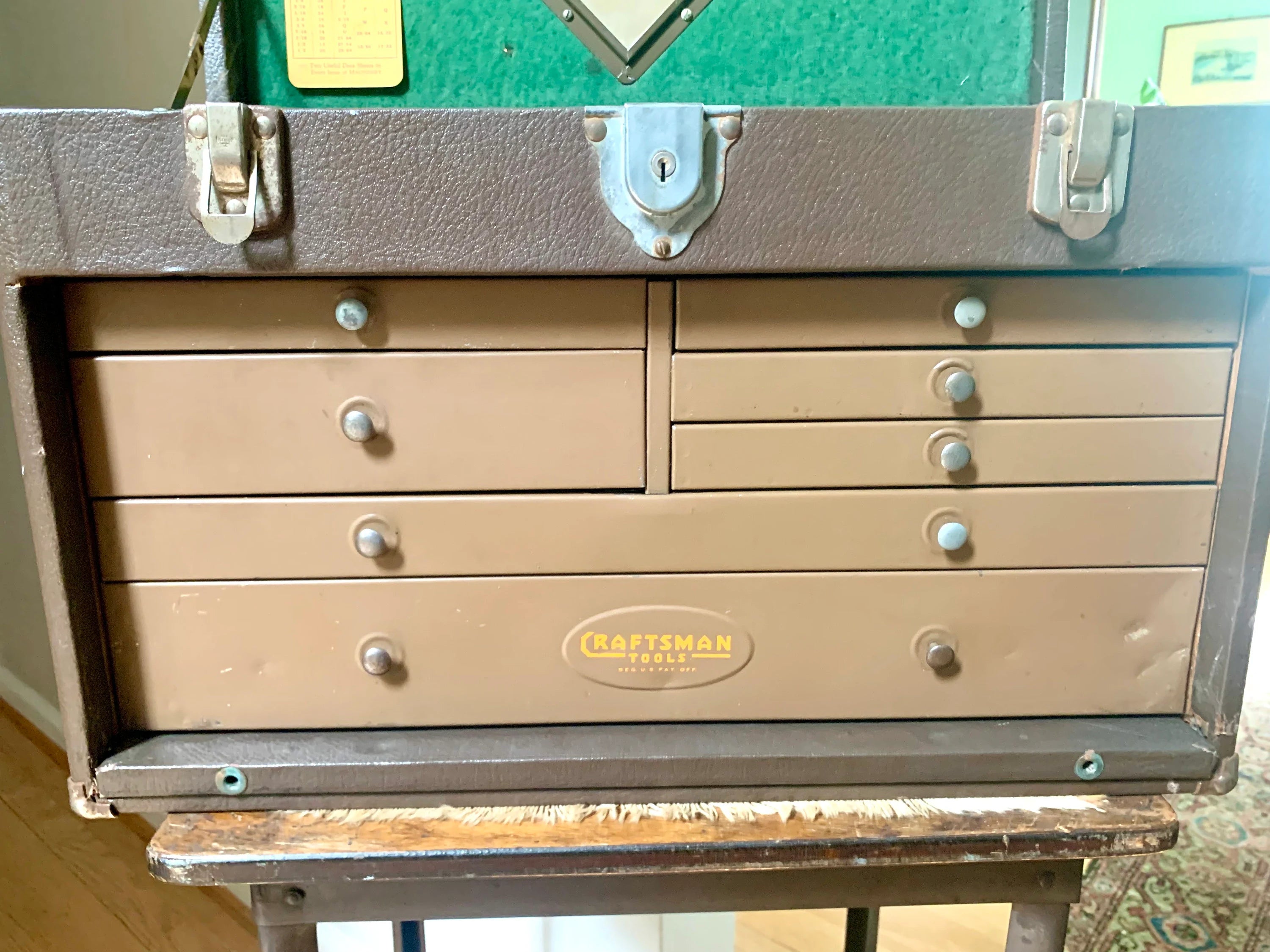 Vintage Craftsman Tool Machinist Tool Chest | Vinyl Wrapped Wood and Metal Tool Chest | Metal Journeyman Chest | 7 Drawer Wood Toolbox