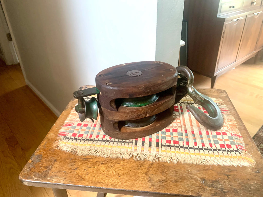 Antique Wooden Pulley | Wood Block and Tackle | Double Rope Nautical Pulley | Anchor Pulley | Maritime Pulley | Nautical Beach House Decor