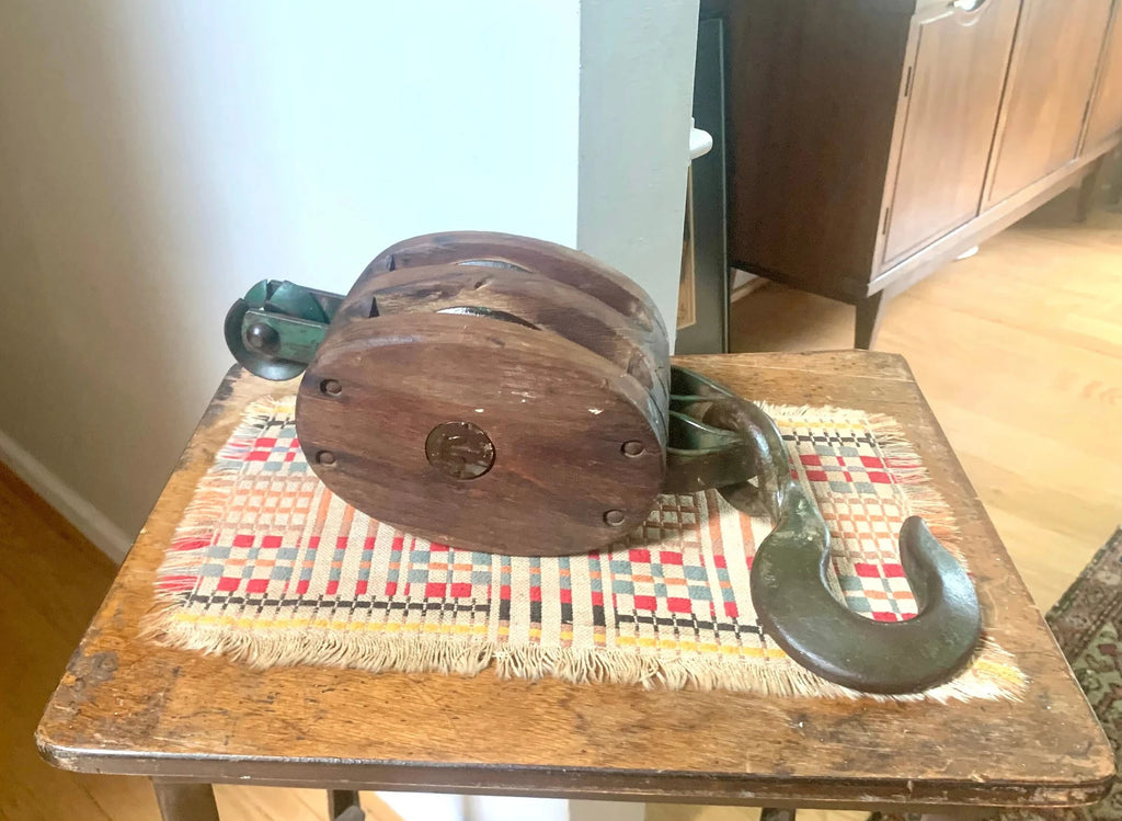 Antique Wooden Pulley | Wood Block and Tackle | Double Rope Nautical Pulley | Anchor Pulley | Maritime Pulley | Nautical Beach House Decor