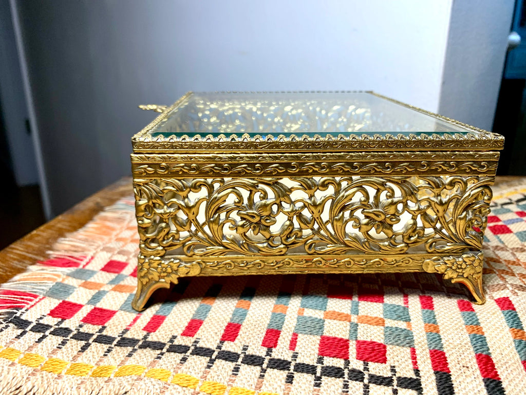 Gold Ormolu Vanity Box | Gold Ornate Footed Jewelry Box | Beveled Glass Gold Toned Vanity Box | Gold Tone Gasket Box | Gold Filigree Trinket Box