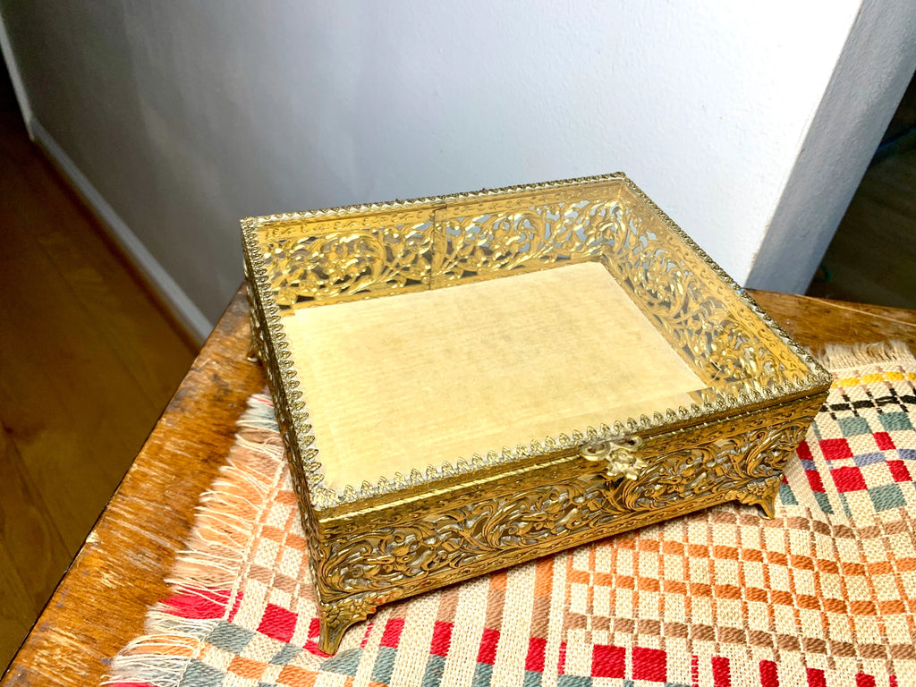 Gold Ormolu Vanity Box | Gold Ornate Footed Jewelry Box | Beveled Glass Gold Toned Vanity Box | Gold Tone Gasket Box | Gold Filigree Trinket Box