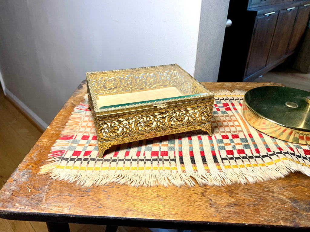 Gold Ormolu Vanity Box | Gold Ornate Footed Jewelry Box | Beveled Glass Gold Toned Vanity Box | Gold Tone Gasket Box | Gold Filigree Trinket Box