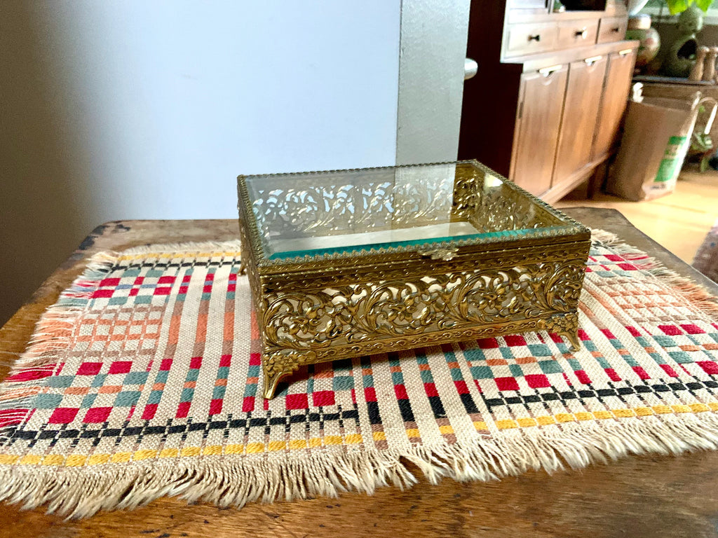Gold Ormolu Vanity Box | Gold Ornate Footed Jewelry Box | Beveled Glass Gold Toned Vanity Box | Gold Tone Gasket Box | Gold Filigree Trinket Box
