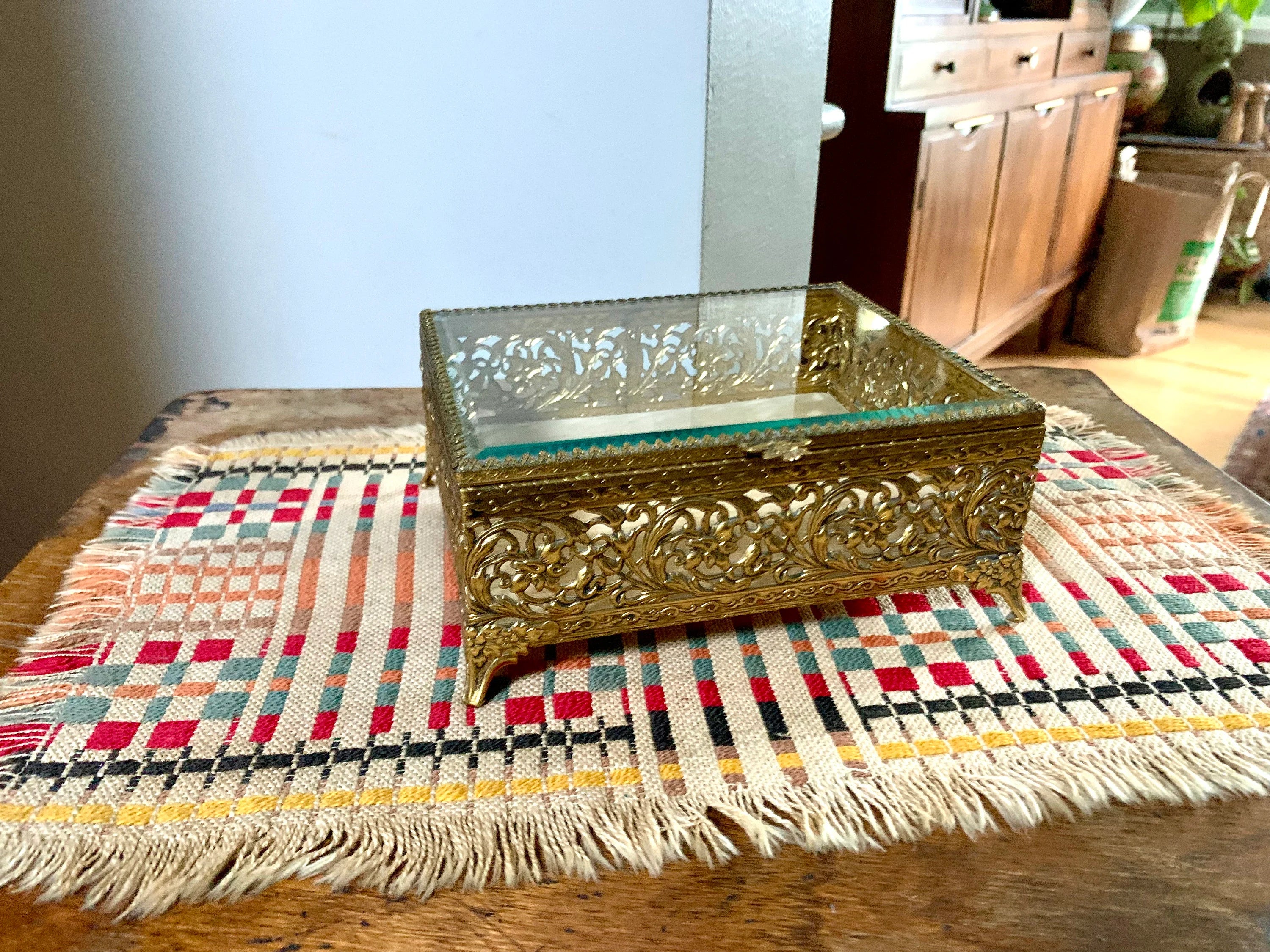 Gold Ormolu Vanity Box | Gold Ornate Footed Jewelry Box | Beveled Glass Gold Toned Vanity Box | Gold Tone Gasket Box | Gold Filigree Trinket Box