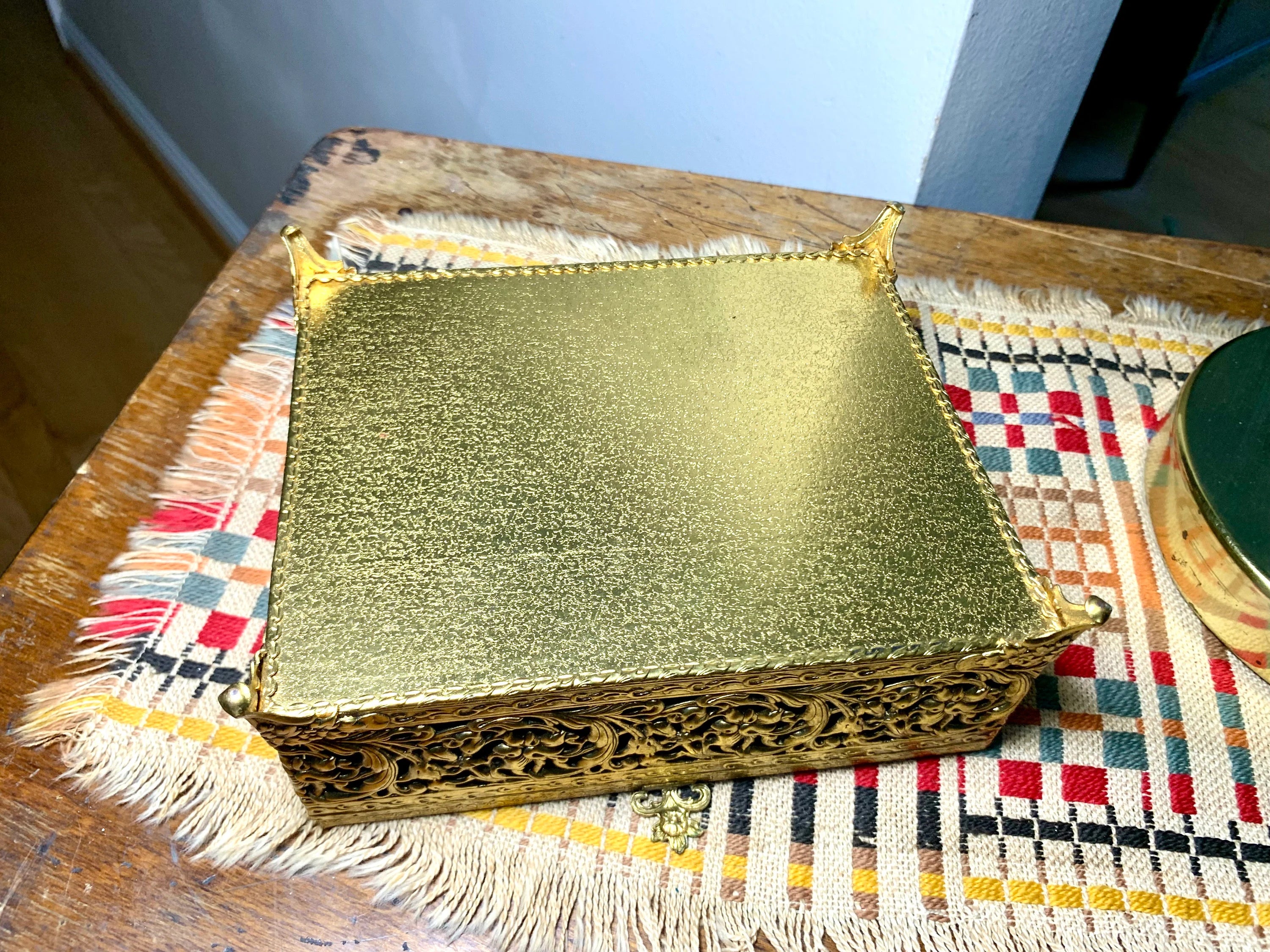 Gold Ormolu Vanity Box | Gold Ornate Footed Jewelry Box | Beveled Glass Gold Toned Vanity Box | Gold Tone Gasket Box | Gold Filigree Trinket Box