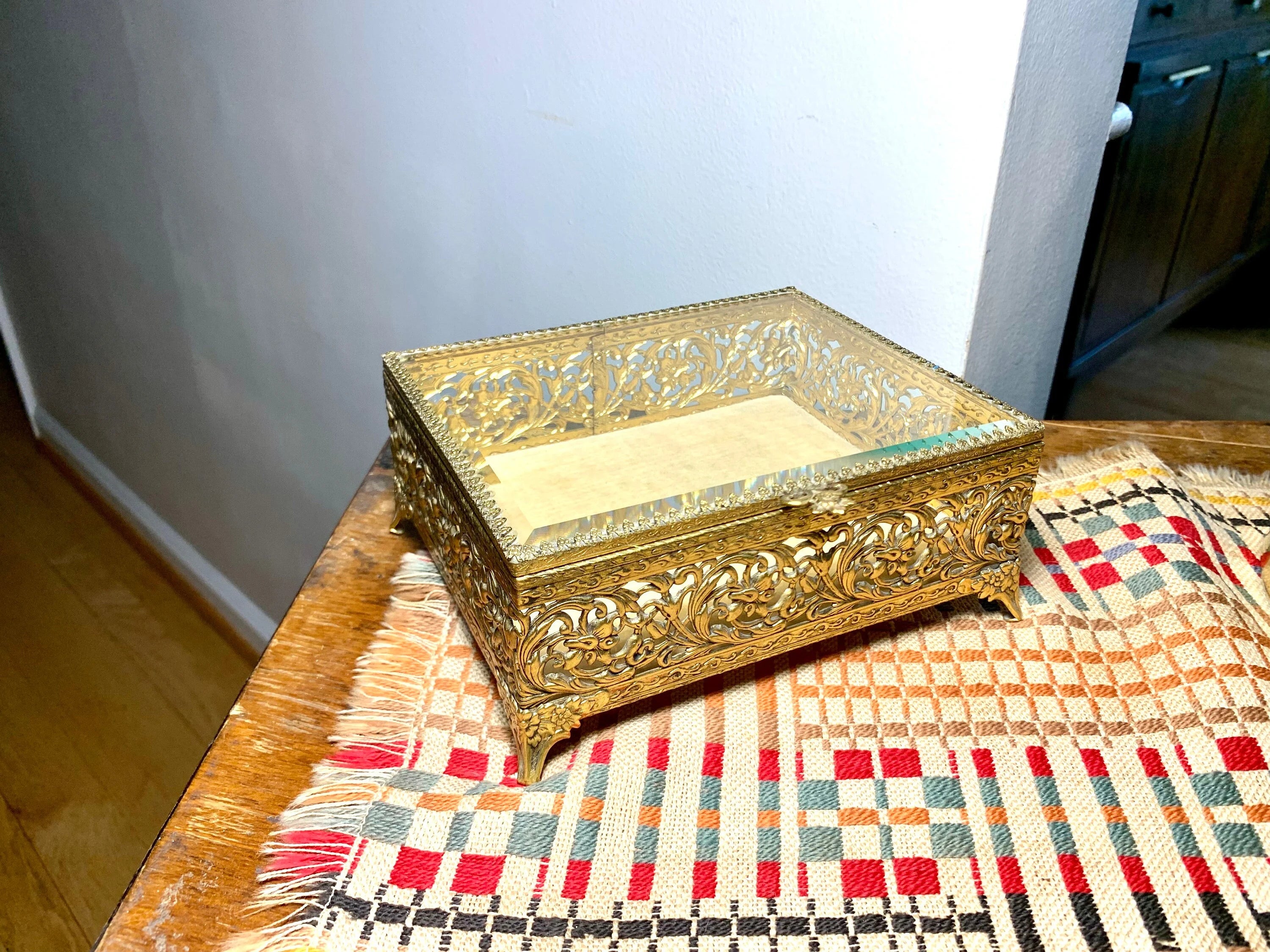 Gold Ormolu Vanity Box | Gold Ornate Footed Jewelry Box | Beveled Glass Gold Toned Vanity Box | Gold Tone Gasket Box | Gold Filigree Trinket Box