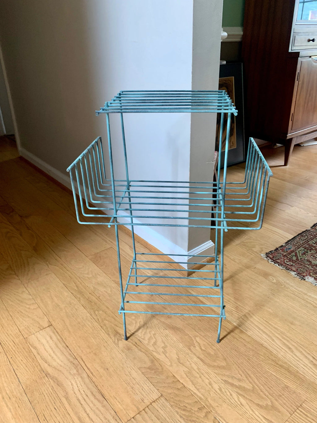 Eames Style Telephone Stand | Mid Century Telephone Stand | MCM Wire Stand | Vintage Turquoise Rustic Wire Stand | Three Tiered Plant Stand