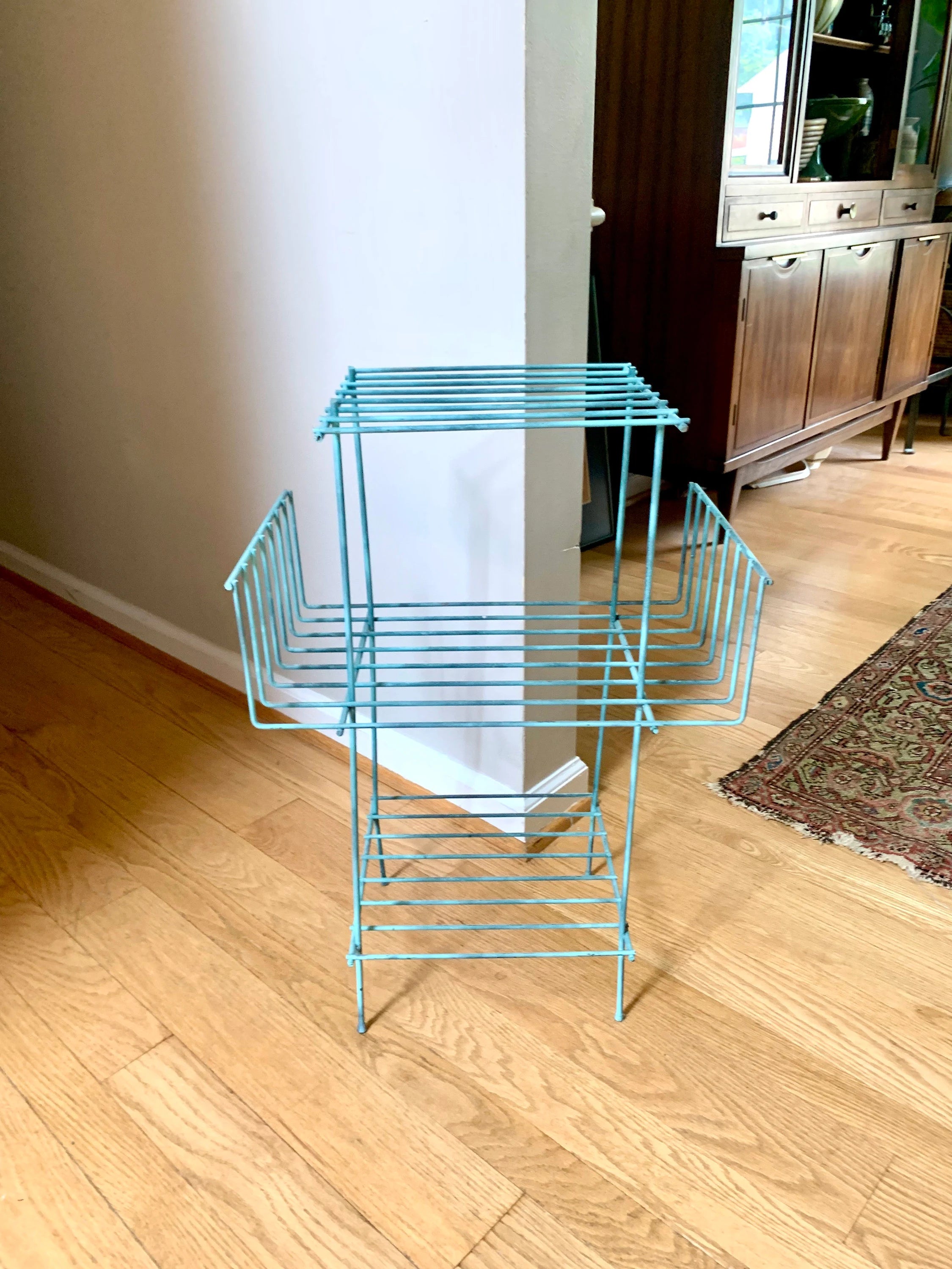 Eames Style Telephone Stand | Mid Century Telephone Stand | MCM Wire Stand | Vintage Turquoise Rustic Wire Stand | Three Tiered Plant Stand
