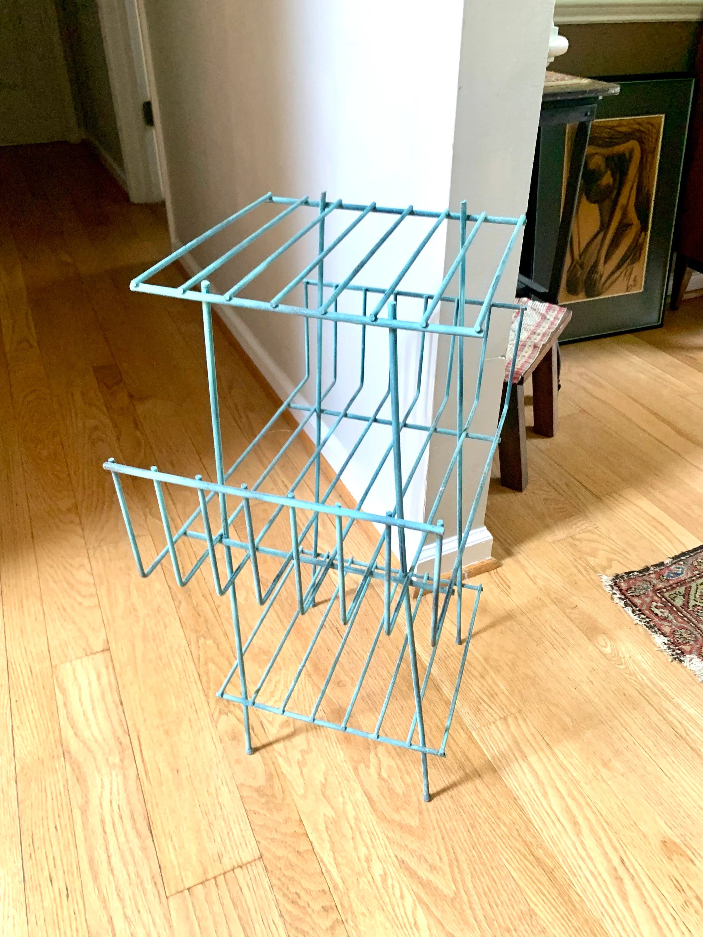 Eames Style Telephone Stand | Mid Century Telephone Stand | MCM Wire Stand | Vintage Turquoise Rustic Wire Stand | Three Tiered Plant Stand