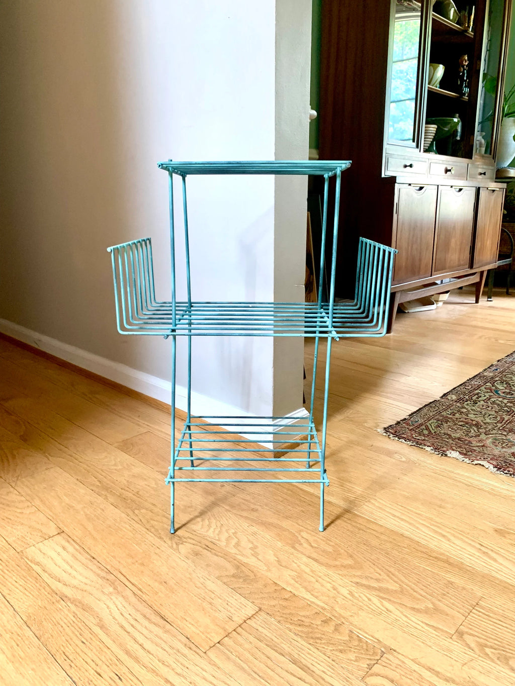 Eames Style Telephone Stand | Mid Century Telephone Stand | MCM Wire Stand | Vintage Turquoise Rustic Wire Stand | Three Tiered Plant Stand