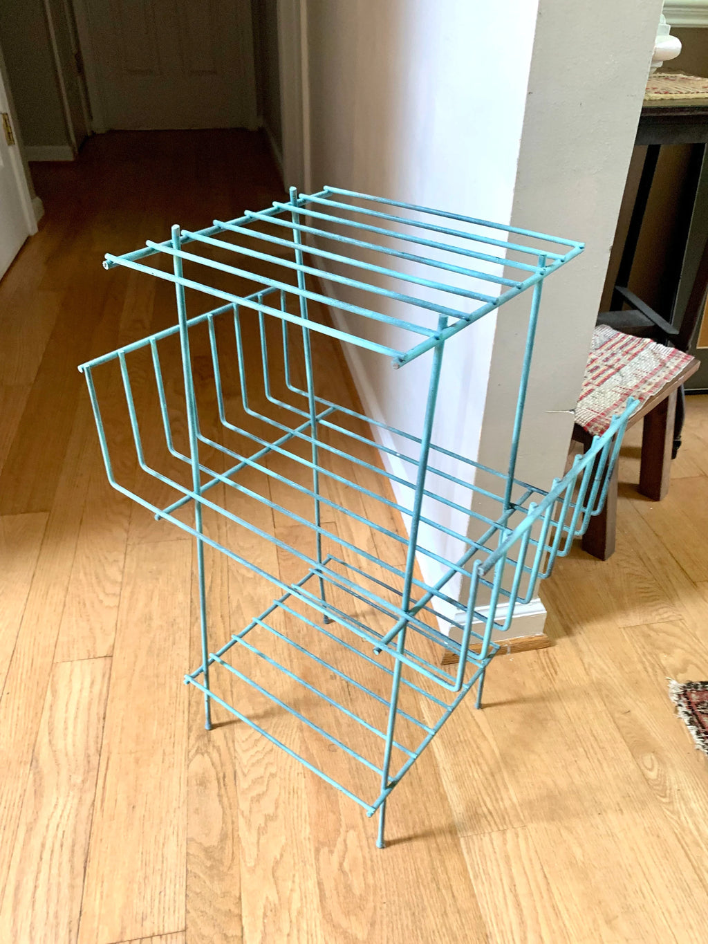Eames Style Telephone Stand | Mid Century Telephone Stand | MCM Wire Stand | Vintage Turquoise Rustic Wire Stand | Three Tiered Plant Stand