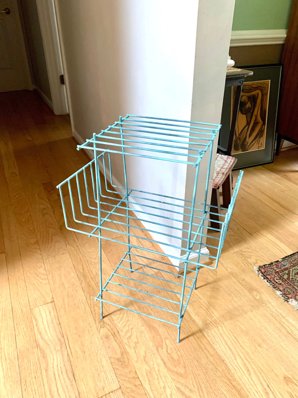 Eames Style Telephone Stand | Mid Century Telephone Stand | MCM Wire Stand | Vintage Turquoise Rustic Wire Stand | Three Tiered Plant Stand