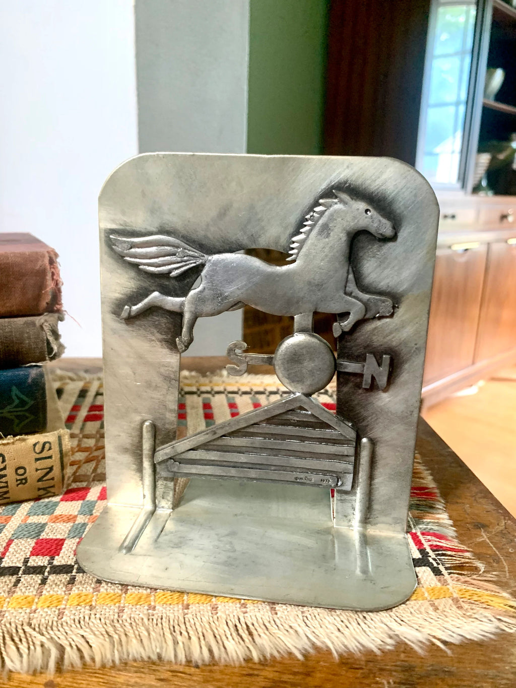 Pewter Metzke 1976 Bookends | Horse Weathervane Bookends | Equestrian Bookends | Farmhouse Bookends | Metal Country Barn Bookends