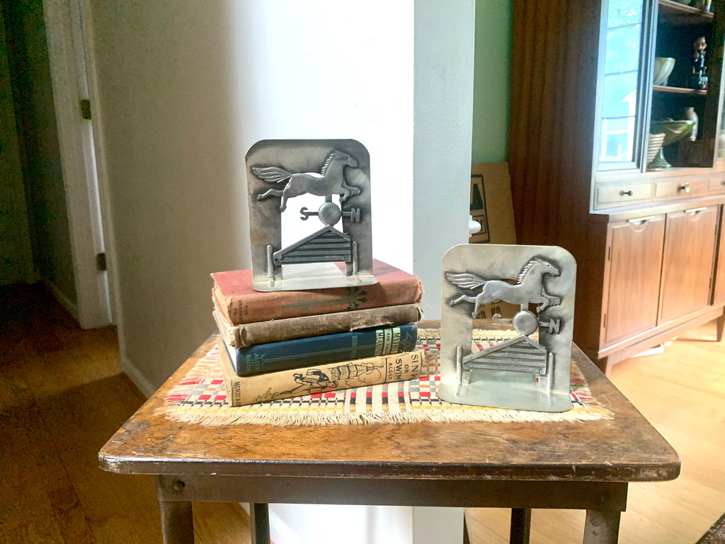 Pewter Metzke 1976 Bookends | Horse Weathervane Bookends | Equestrian Bookends | Farmhouse Bookends | Metal Country Barn Bookends