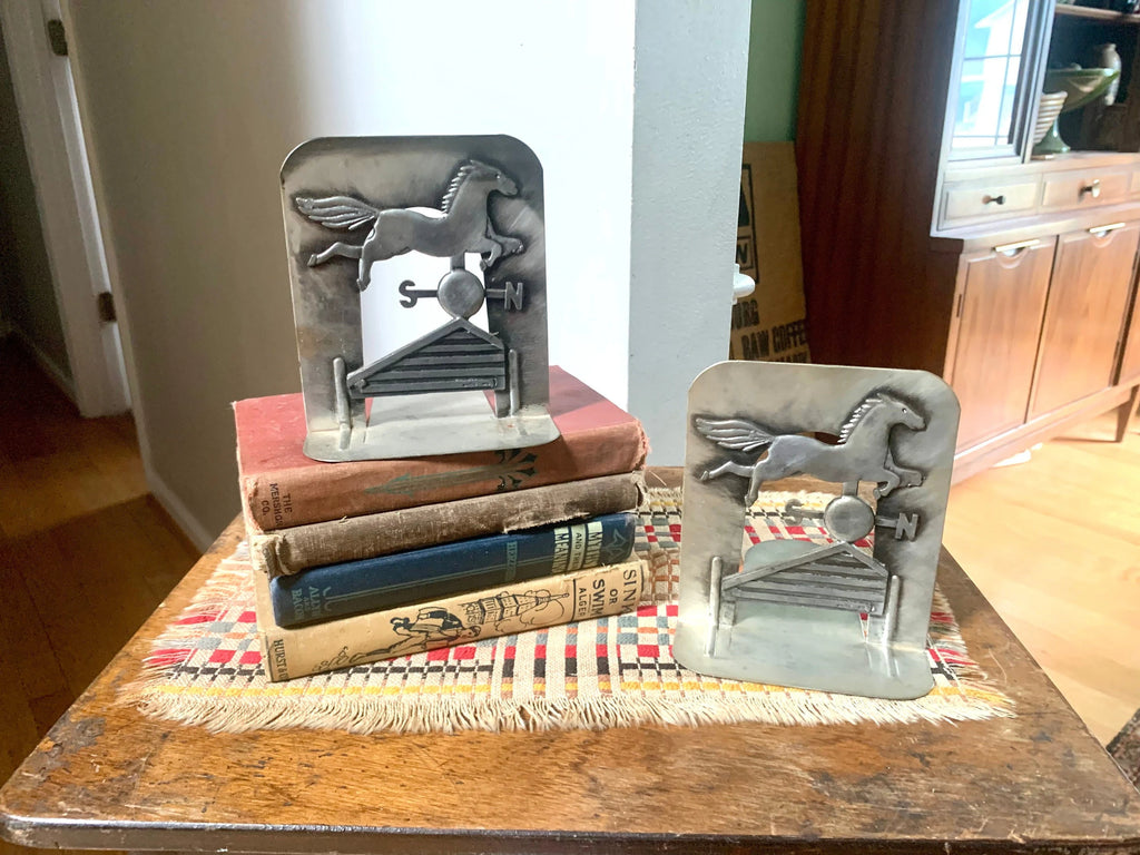 Pewter Metzke 1976 Bookends | Horse Weathervane Bookends | Equestrian Bookends | Farmhouse Bookends | Metal Country Barn Bookends