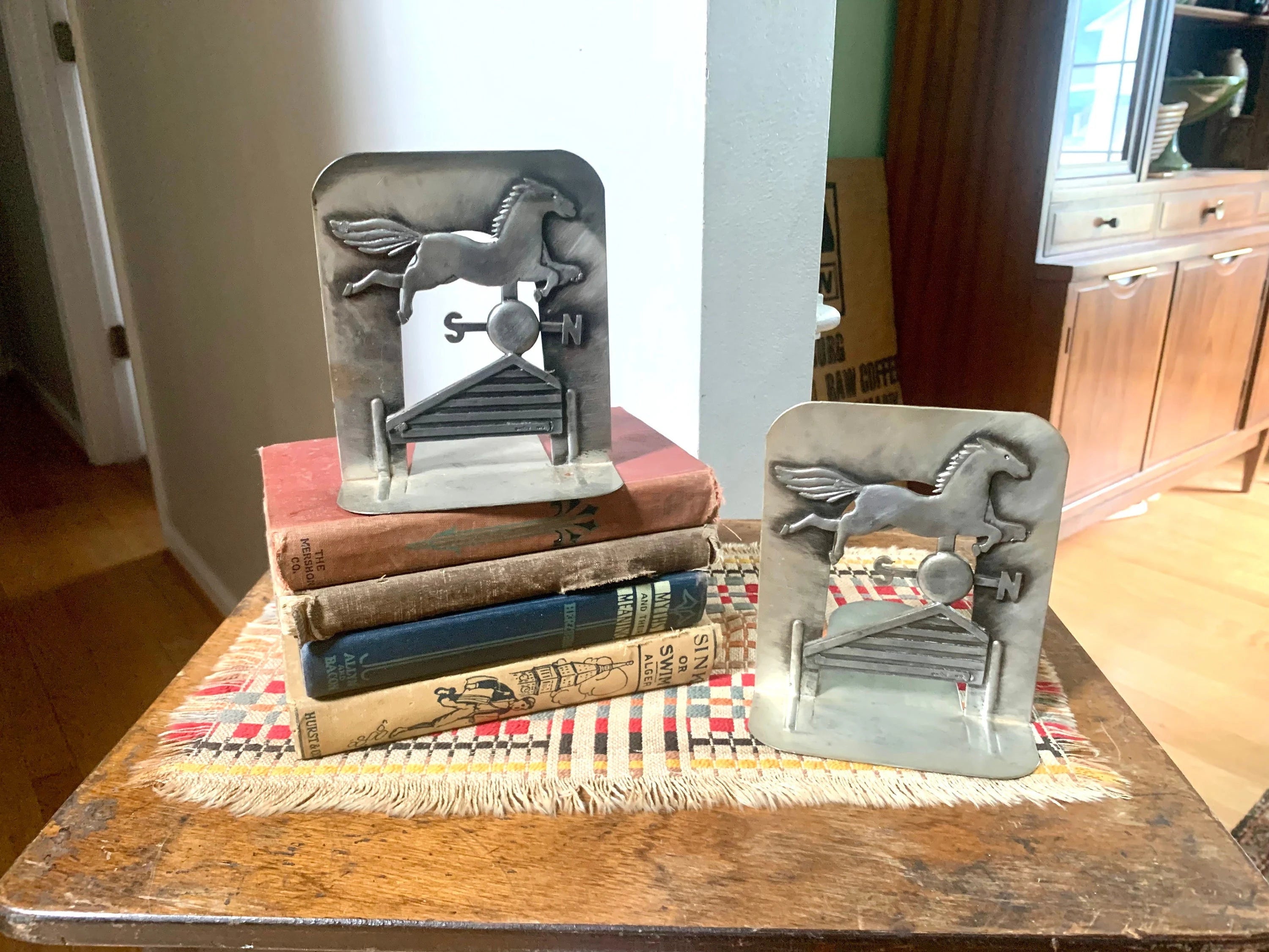 Pewter Metzke 1976 Bookends | Horse Weathervane Bookends | Equestrian Bookends | Farmhouse Bookends | Metal Country Barn Bookends