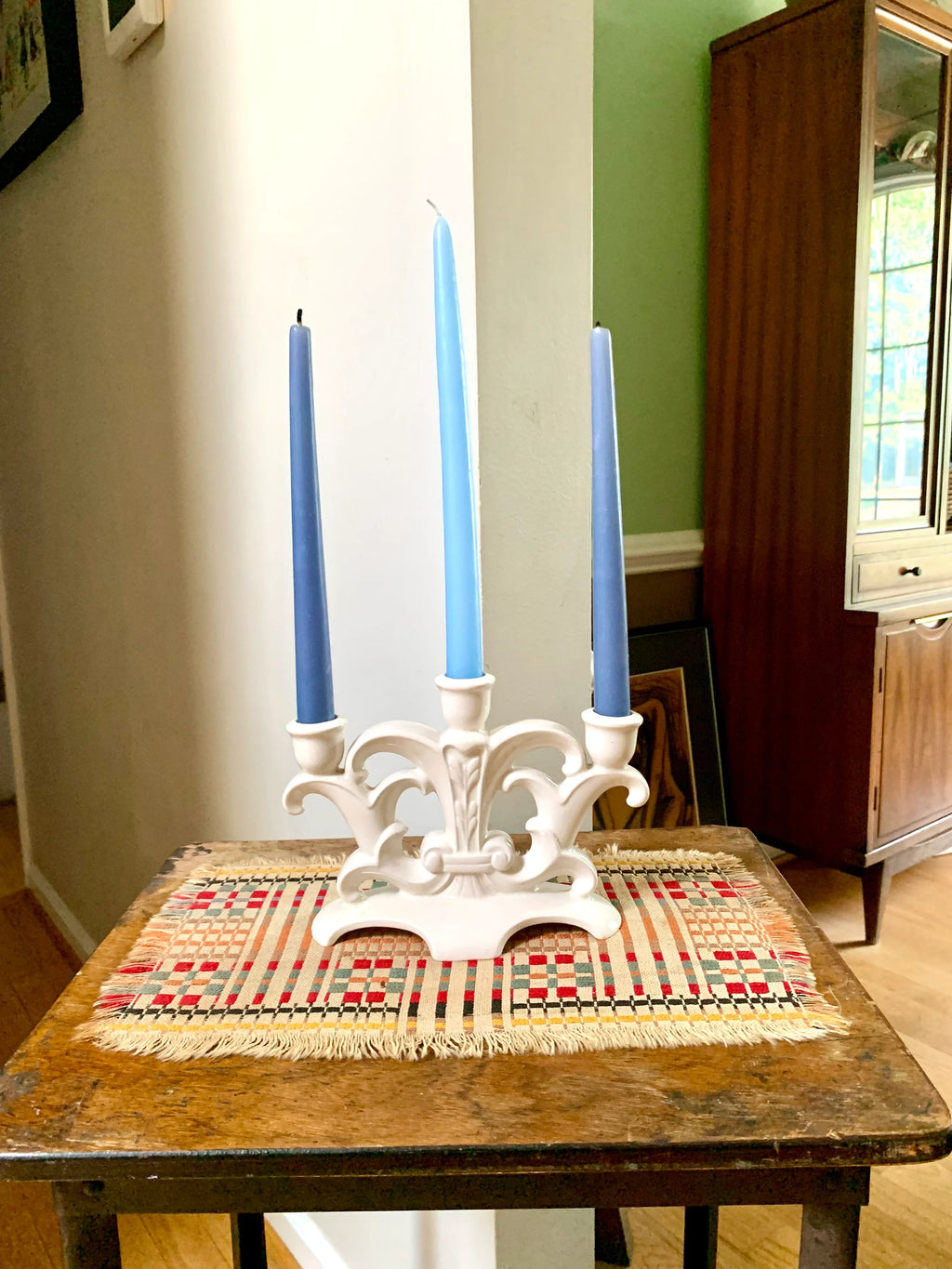 Holland Mold Ceramic Candelabra | Vintage Three Candlestick Ceramic Holder| Mid Century Holiday Candelabra | Ceramic Off White Candle Holder