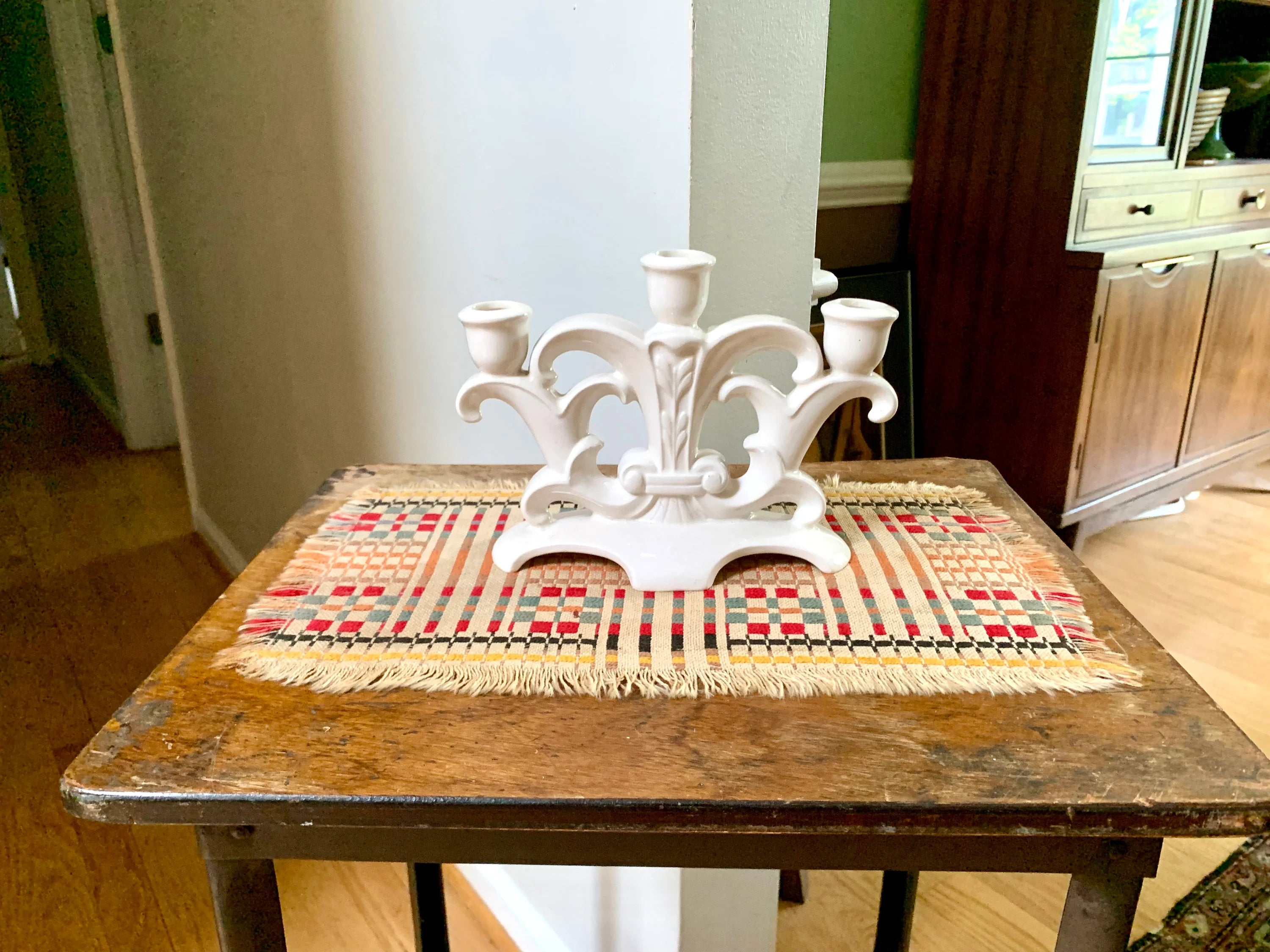 Holland Mold Ceramic Candelabra | Vintage Three Candlestick Ceramic Holder| Mid Century Holiday Candelabra | Ceramic Off White Candle Holder