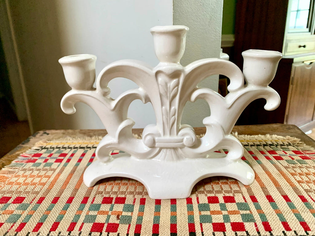 Holland Mold Ceramic Candelabra | Vintage Three Candlestick Ceramic Holder| Mid Century Holiday Candelabra | Ceramic Off White Candle Holder
