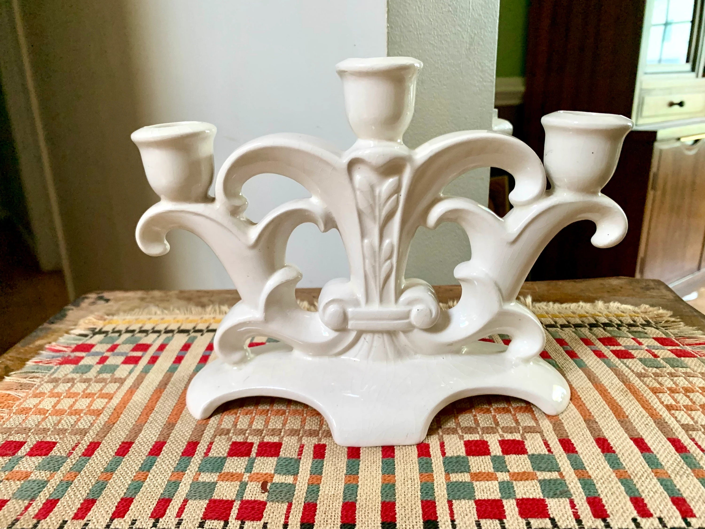 Holland Mold Ceramic Candelabra | Vintage Three Candlestick Ceramic Holder| Mid Century Holiday Candelabra | Ceramic Off White Candle Holder