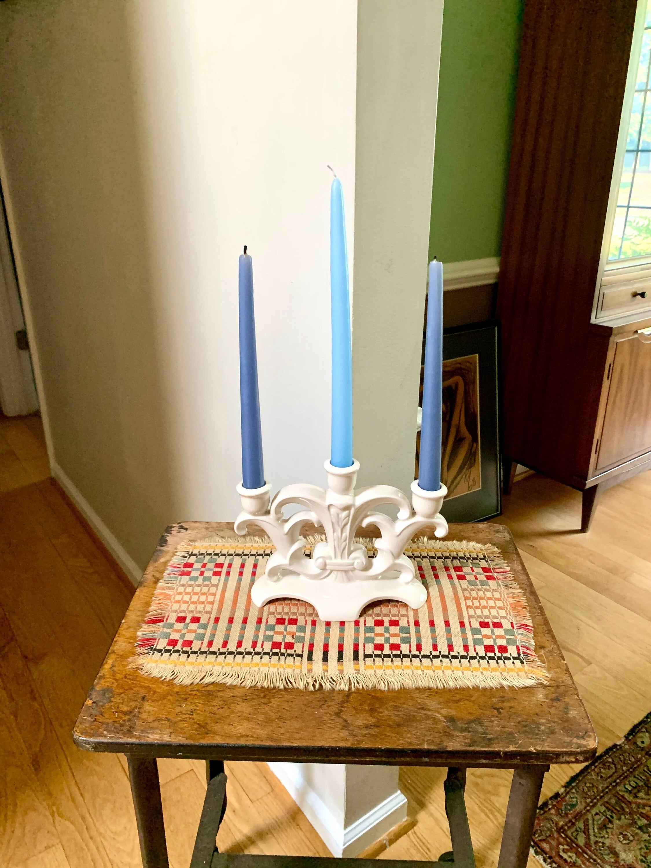 Holland Mold Ceramic Candelabra | Vintage Three Candlestick Ceramic Holder| Mid Century Holiday Candelabra | Ceramic Off White Candle Holder