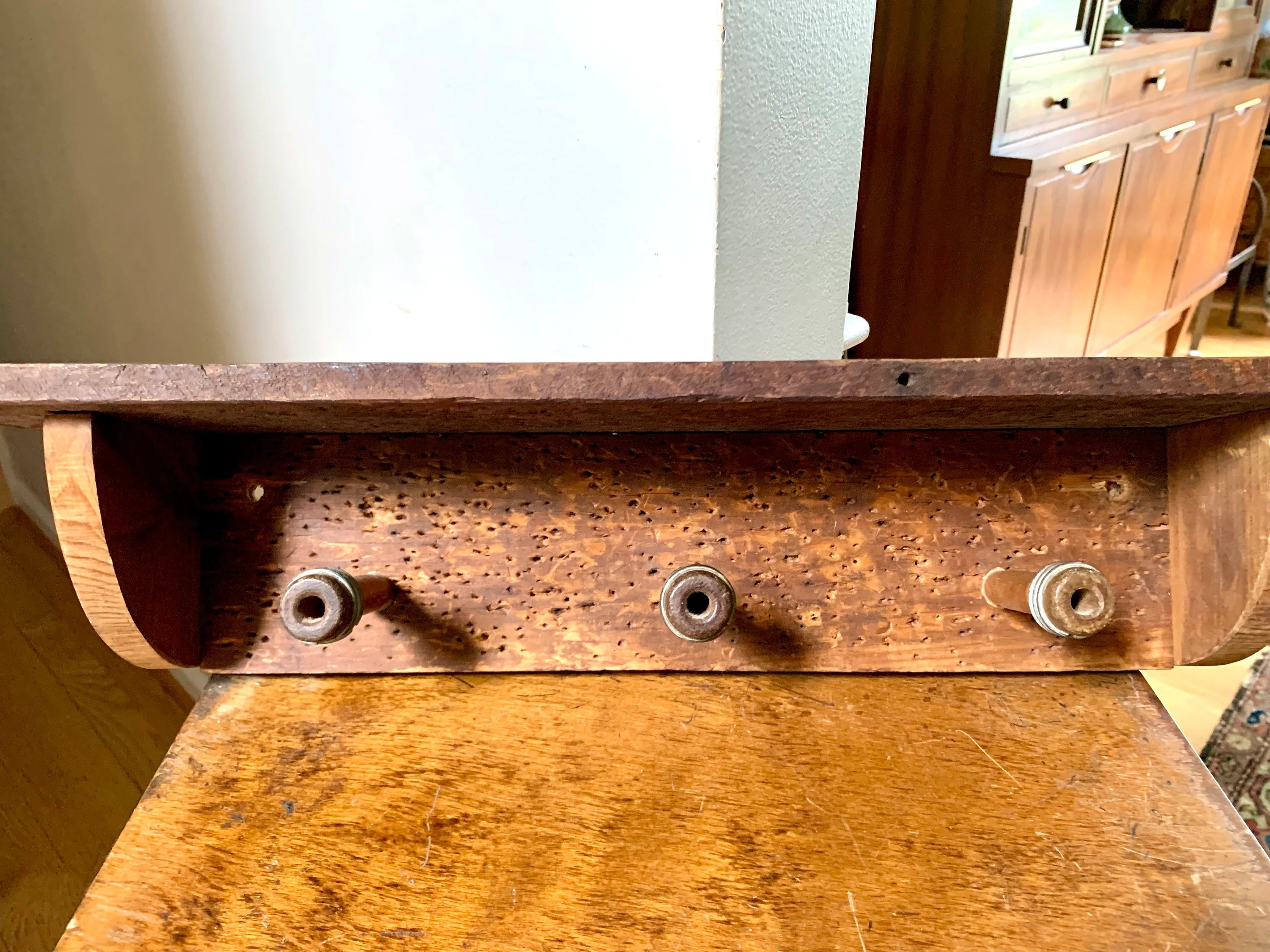 Distressed Bobbins Quills Pirns Shelf | Vintage Worm Hole Wood Hat Rack Shelf | Rustic Pirn Coat Rack Shelf | Country Decor Rack | Rustic Decor