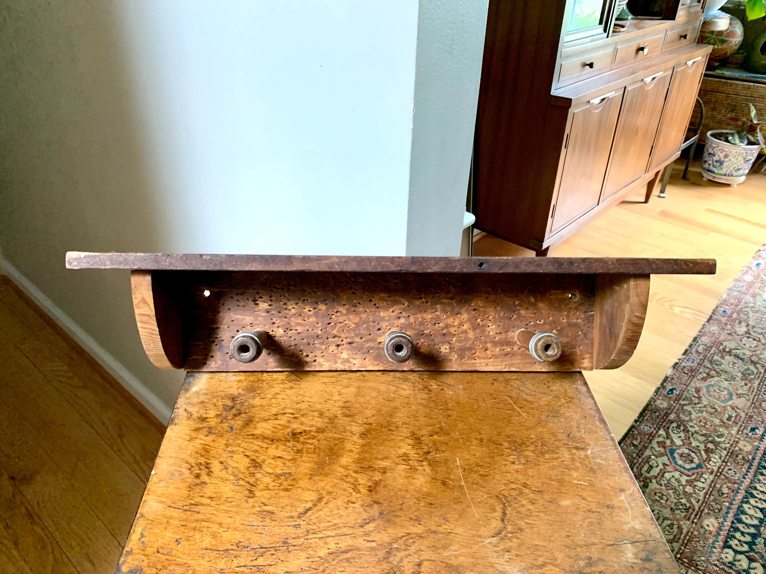 Distressed Bobbins Quills Pirns Shelf | Vintage Worm Hole Wood Hat Rack Shelf | Rustic Pirn Coat Rack Shelf | Country Decor Rack | Rustic Decor