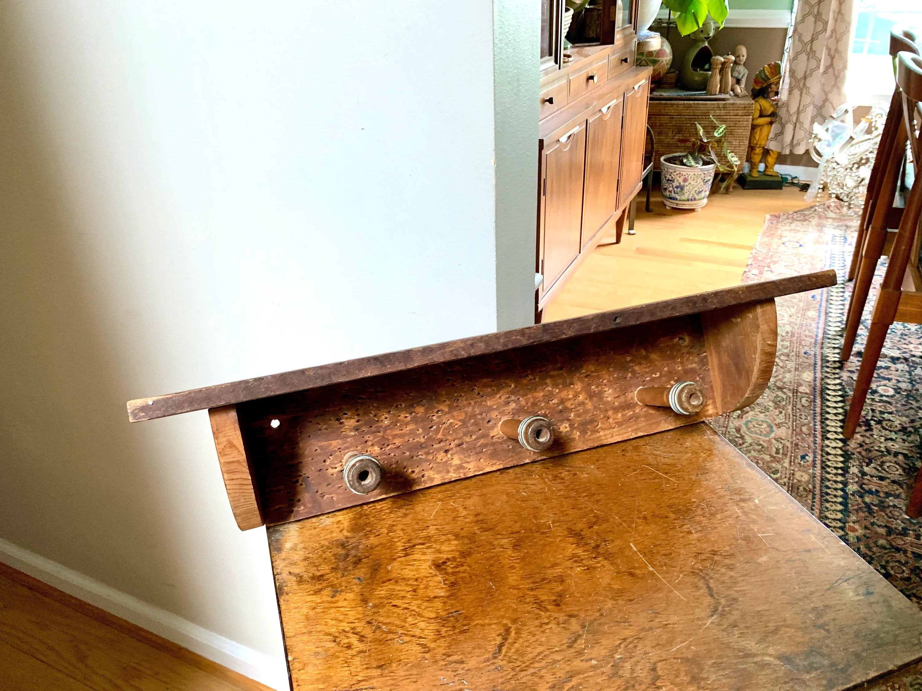 Distressed Bobbins Quills Pirns Shelf | Vintage Worm Hole Wood Hat Rack Shelf | Rustic Pirn Coat Rack Shelf | Country Decor Rack | Rustic Decor