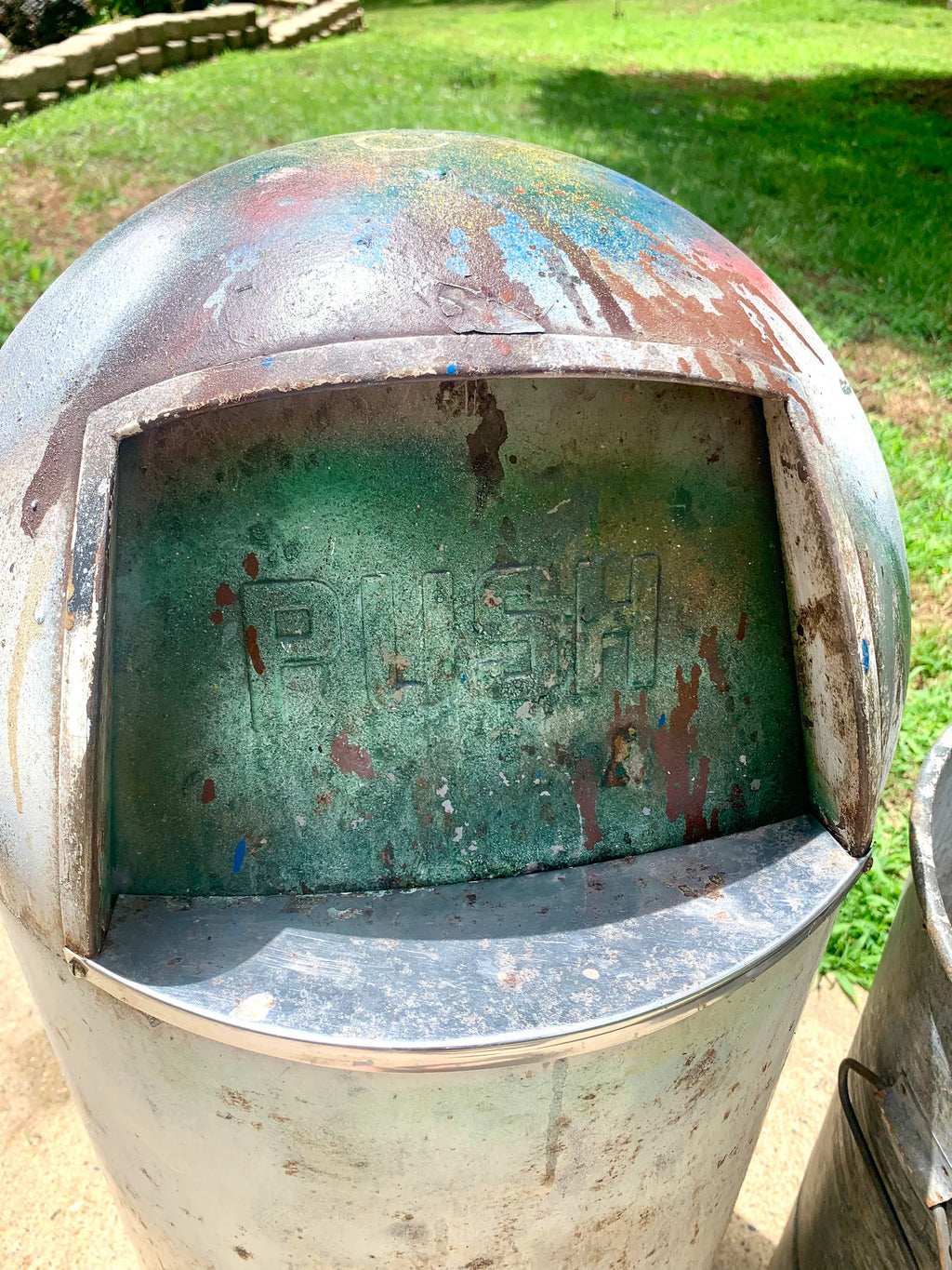 1950's Metal Bullet Trash Can | Vintage Distressed MCM Trash Can | Rustic Torpedo Trash Can | Cone Dome Trash Can | Dome Top Industrial Can
