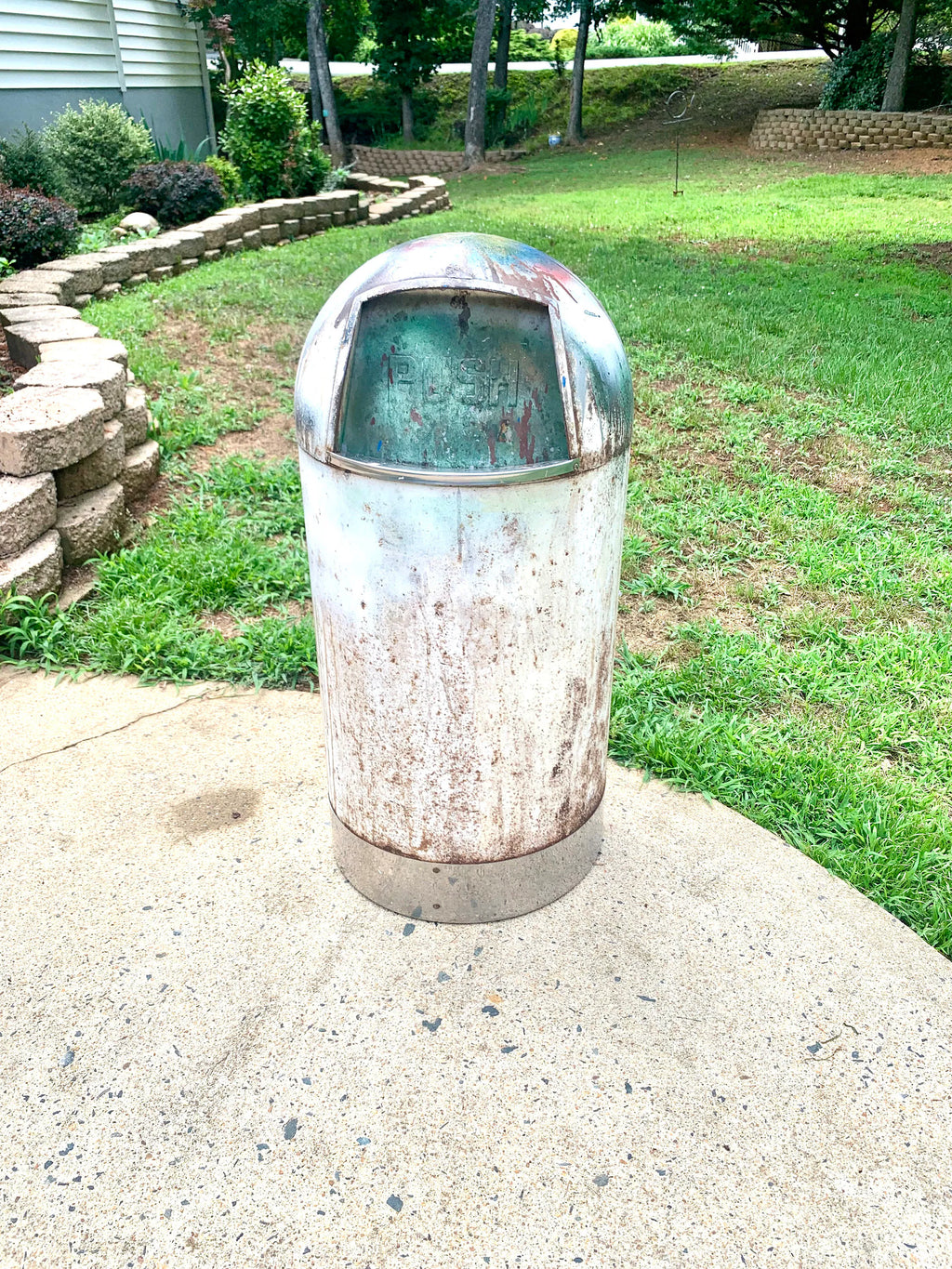 1950's Metal Bullet Trash Can | Vintage Distressed MCM Trash Can | Rustic Torpedo Trash Can | Cone Dome Trash Can | Dome Top Industrial Can