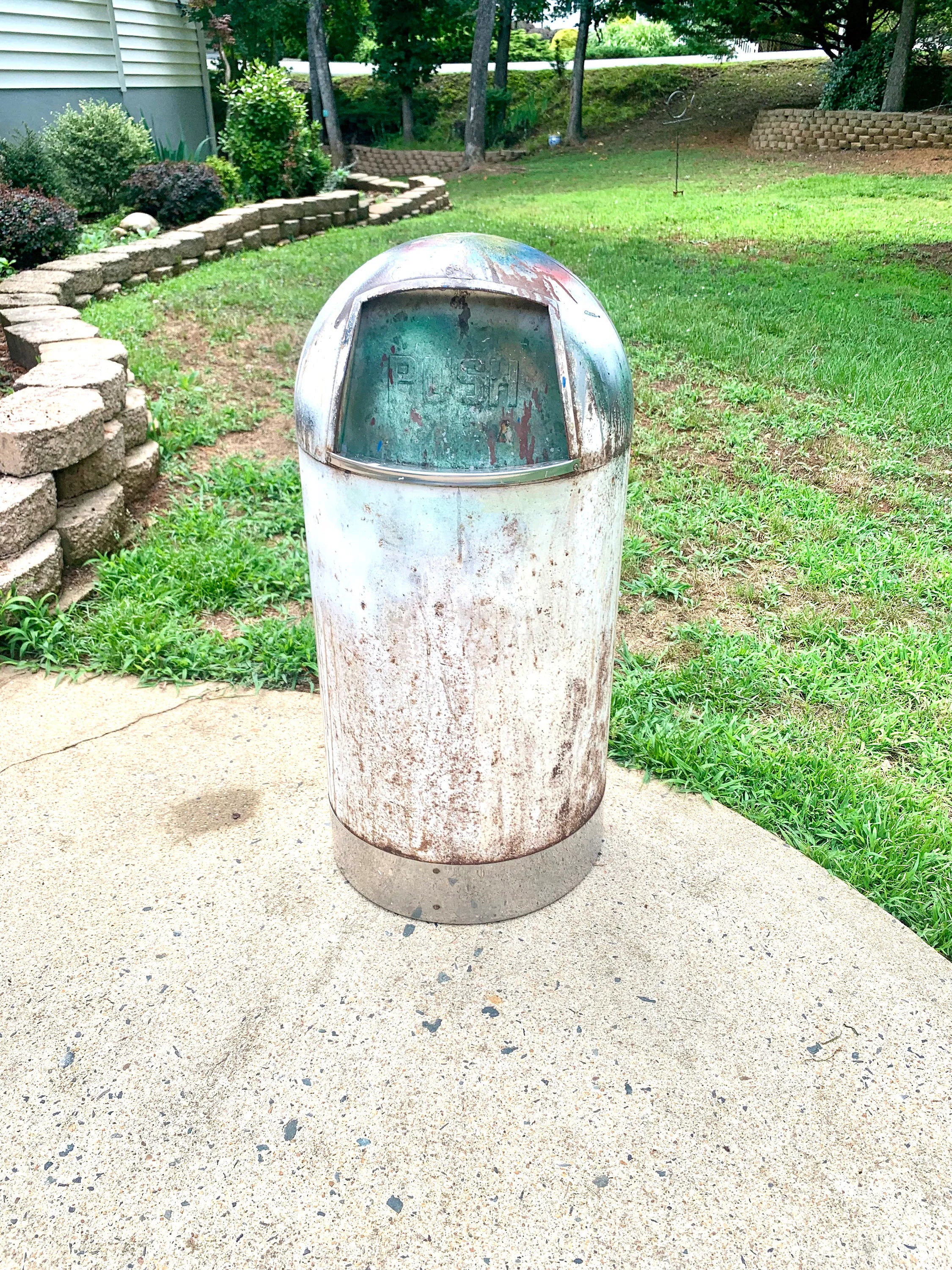 1950's Metal Bullet Trash Can | Vintage Distressed MCM Trash Can | Rustic Torpedo Trash Can | Cone Dome Trash Can | Dome Top Industrial Can
