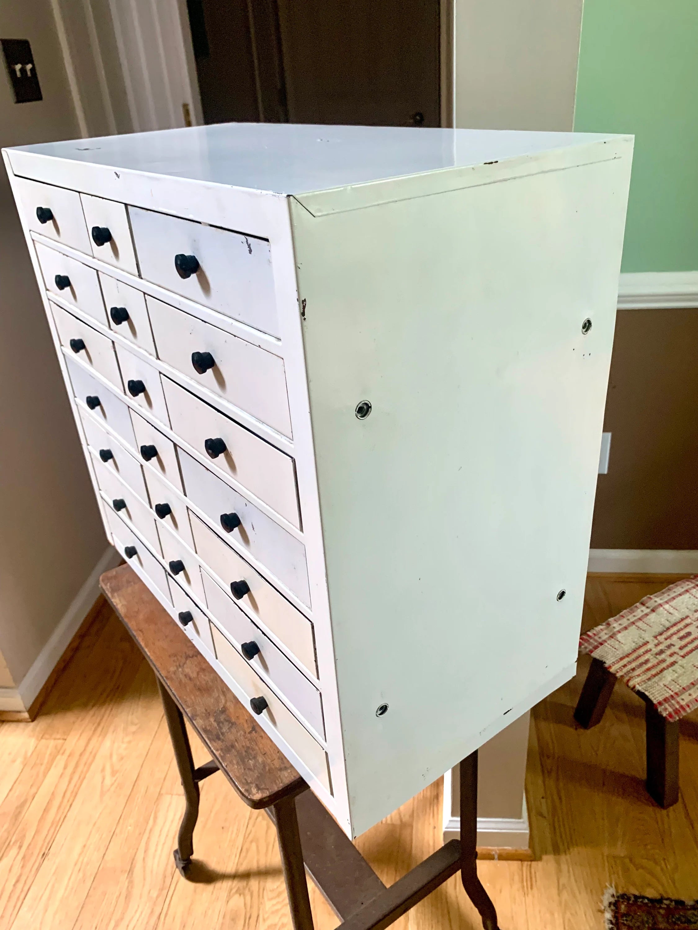 Vtg White Industrial Parts Bin Cabinet | Heavy Duty Metal Cabinet Bins | Large Parts Bin| Industrial Storage Bin| Metal Cabinet Drawers