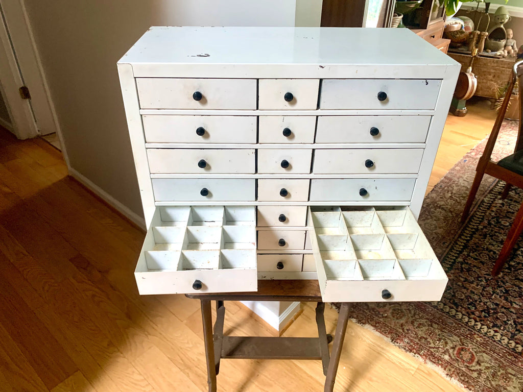 Vtg White Industrial Parts Bin Cabinet | Heavy Duty Metal Cabinet Bins | Large Parts Bin| Industrial Storage Bin| Metal Cabinet Drawers