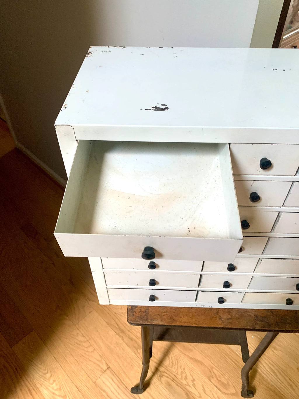Vtg White Industrial Parts Bin Cabinet | Heavy Duty Metal Cabinet Bins | Large Parts Bin| Industrial Storage Bin| Metal Cabinet Drawers