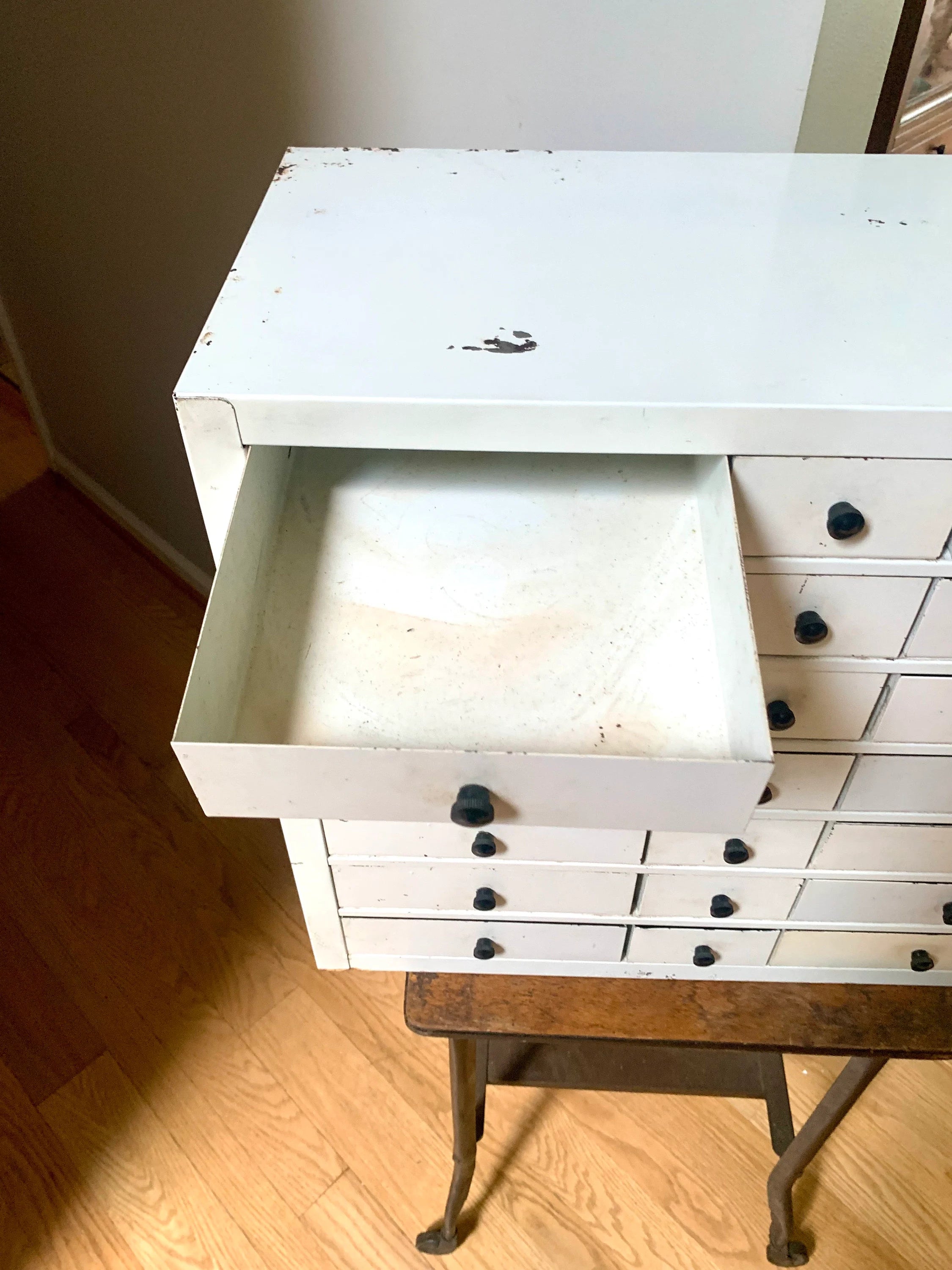 Vtg White Industrial Parts Bin Cabinet | Heavy Duty Metal Cabinet Bins | Large Parts Bin| Industrial Storage Bin| Metal Cabinet Drawers