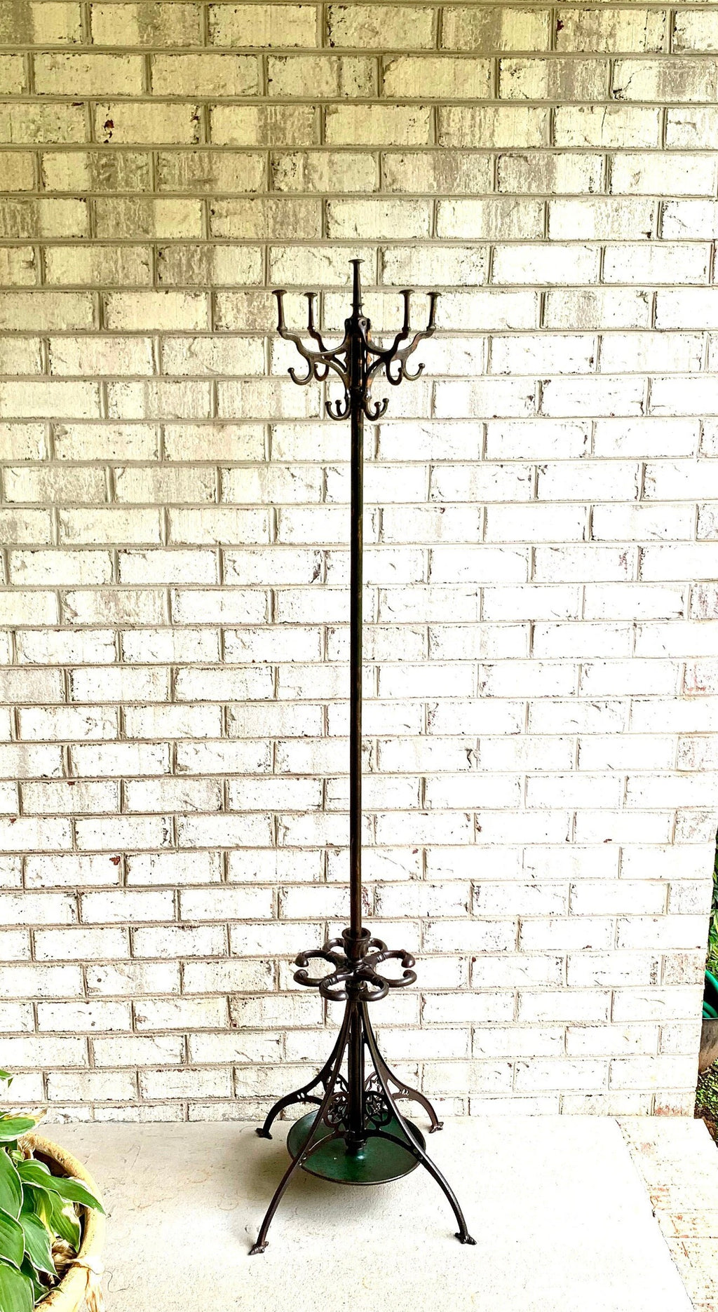 Antique Japanned Metal Hall Tree | Ornate Metal Hall Tree | Metal Barbershop Hall Tree | Unbreakable Hall Tree| Metal Coat and Umbrella Rack