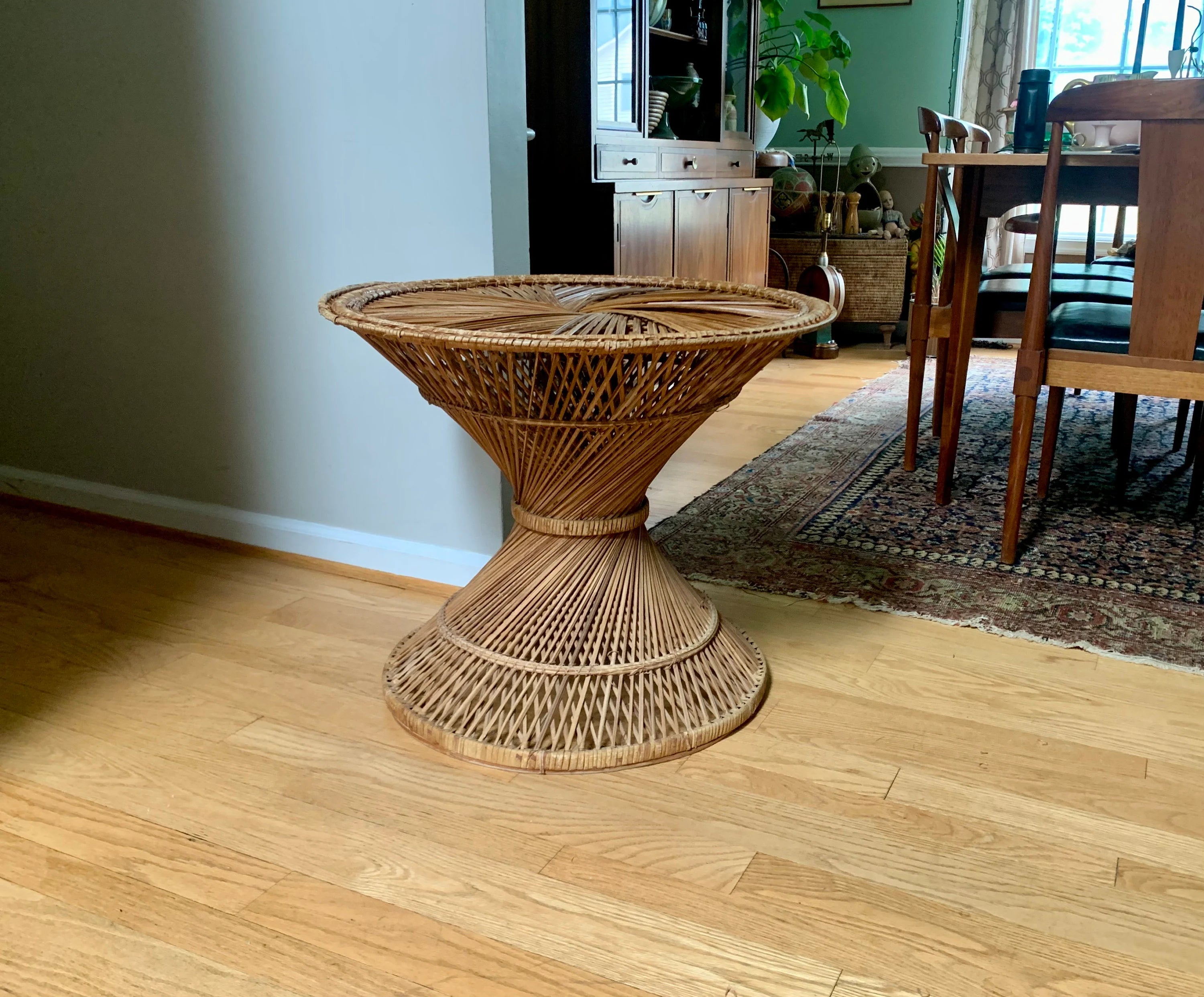 Large Vtg Wicker Peacock Table | Fan Top Rattan Table  | Bohemian Wicker Table | Wicker Accent Table | Distressed Woven Side Table